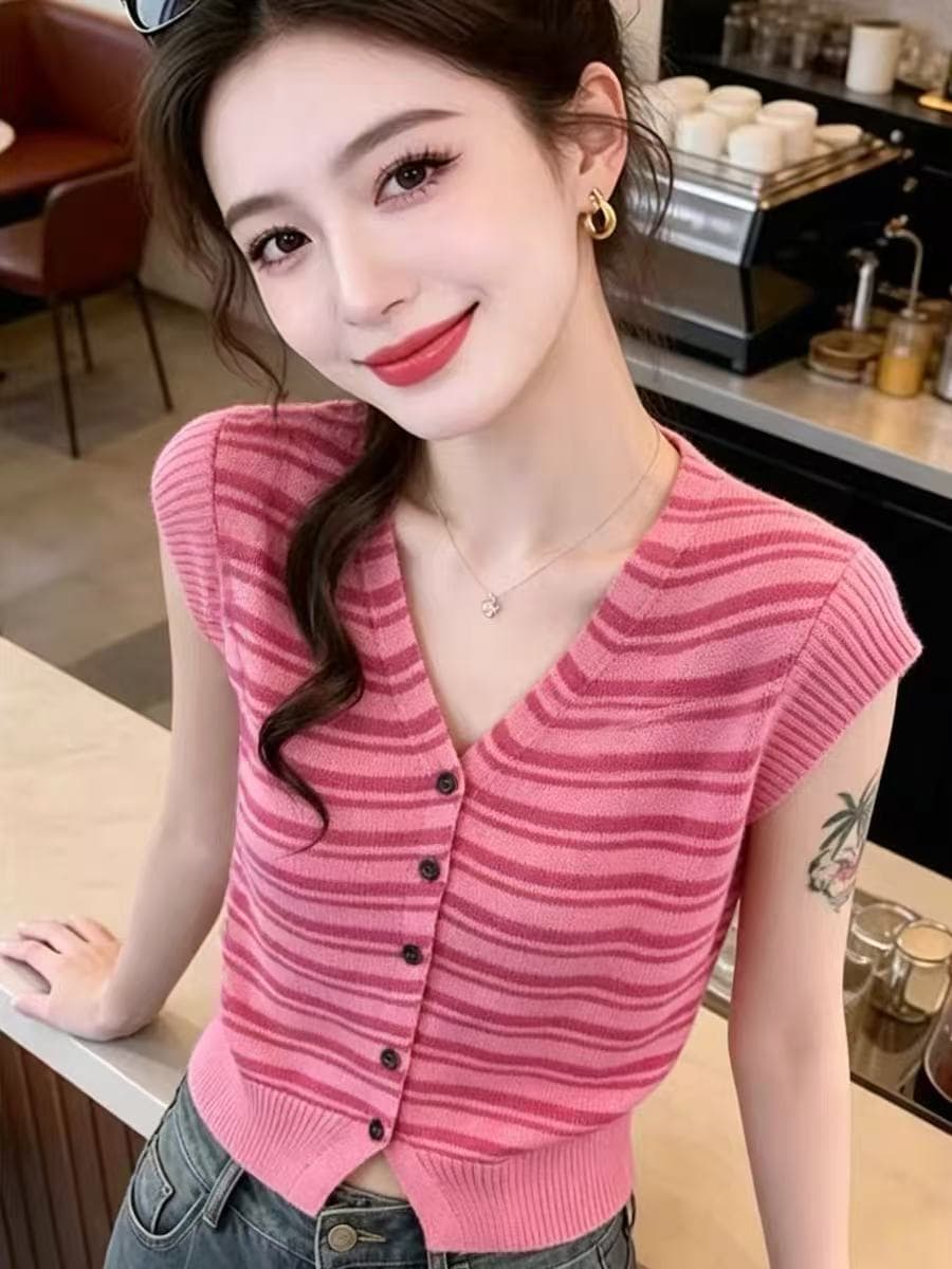 한 부서 바람 V넥 작은 날다 소매 스트라이프 조끼 니트 오픈 가디건 여성 여름 새로운 고유 한 패션 외국 가스 맨위 트렌디 이미지 4