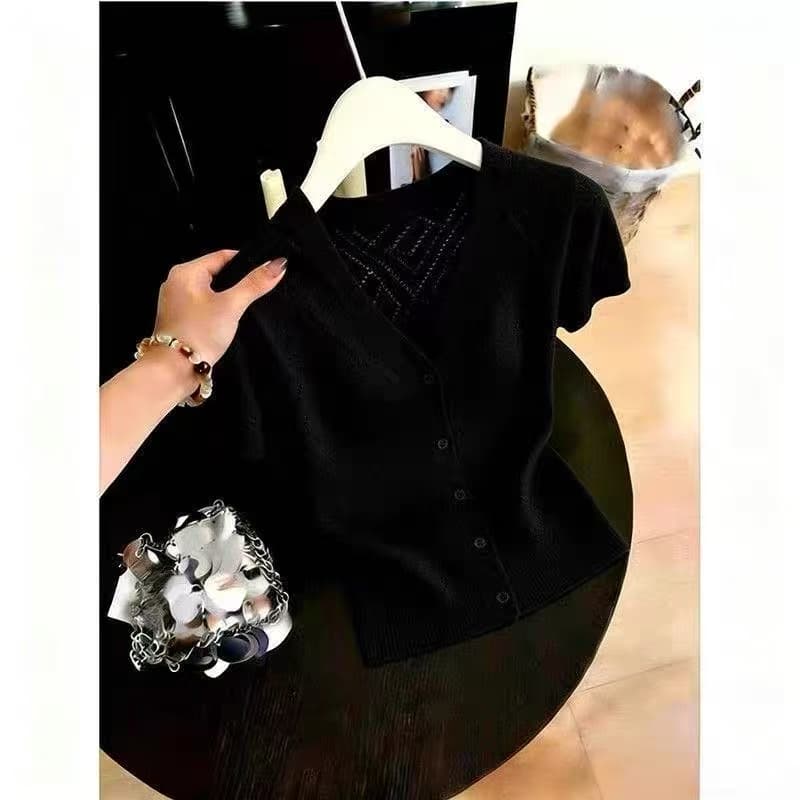 도파민 황색 홀로우 아웃 V넥 반팔 니트 오픈 가디건 여성 여름 얇은 스타일 디자인 센스 몸매 가꾸기 디스플레이 얇고 작은 맨위 상세 이미지 3