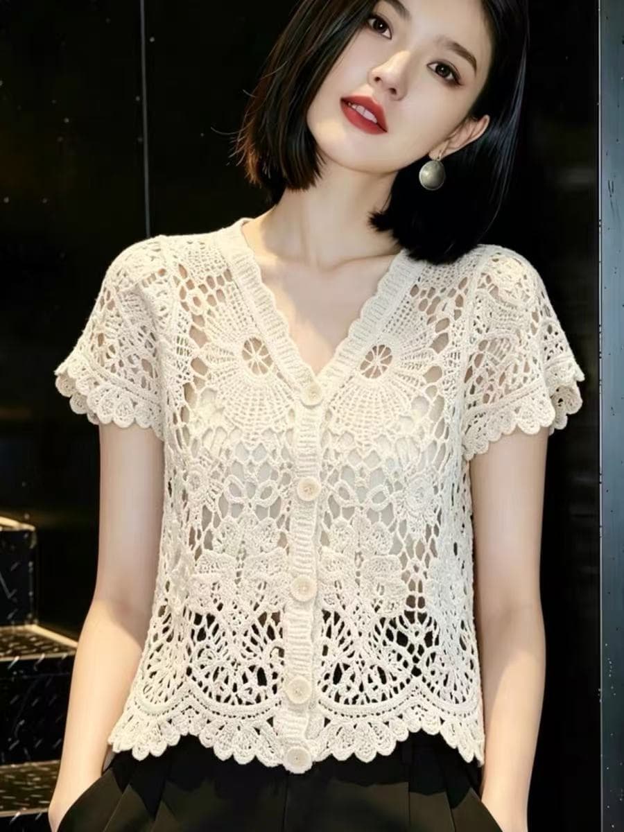 프랑스식 홀로우 아웃 레이스 셔츠 2026 새로운 여성 여름 얼음 실크 니트 반팔 맨위 디자인 센스 Chic 작은 셔츠 이미지 3