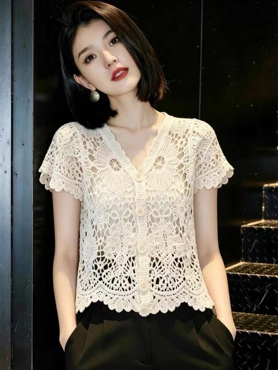 프랑스식 홀로우 아웃 레이스 셔츠 2026 새로운 여성 여름 얼음 실크 니트 반팔 맨위 디자인 센스 Chic 작은 셔츠 이미지 2
