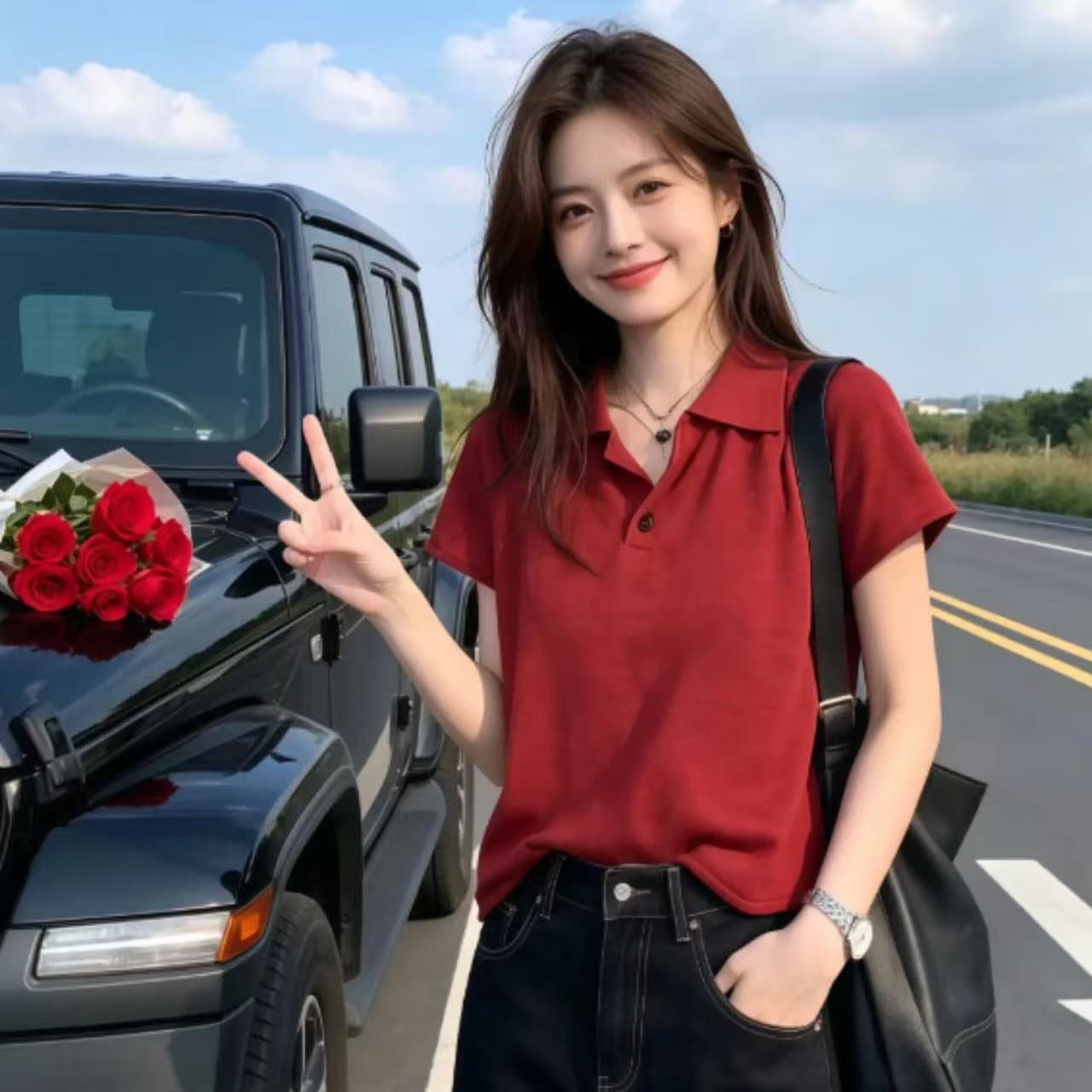 레트로 항구 바람 빨간색 POLO 칼라 긍정적 인 어깨 반팔 티셔츠 여성 2026 여름 새로운 얼음 실크 니트 스웨터 맨위 트렌디 이미지 5