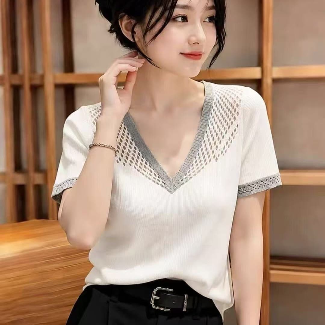 레트로 화이트 홀로우 아웃 V넥 반팔 니트 스웨터 여성 2026 여름 새로운 고유 한 Chic 몸매 가꾸기 다용도 맨위 이미지 5