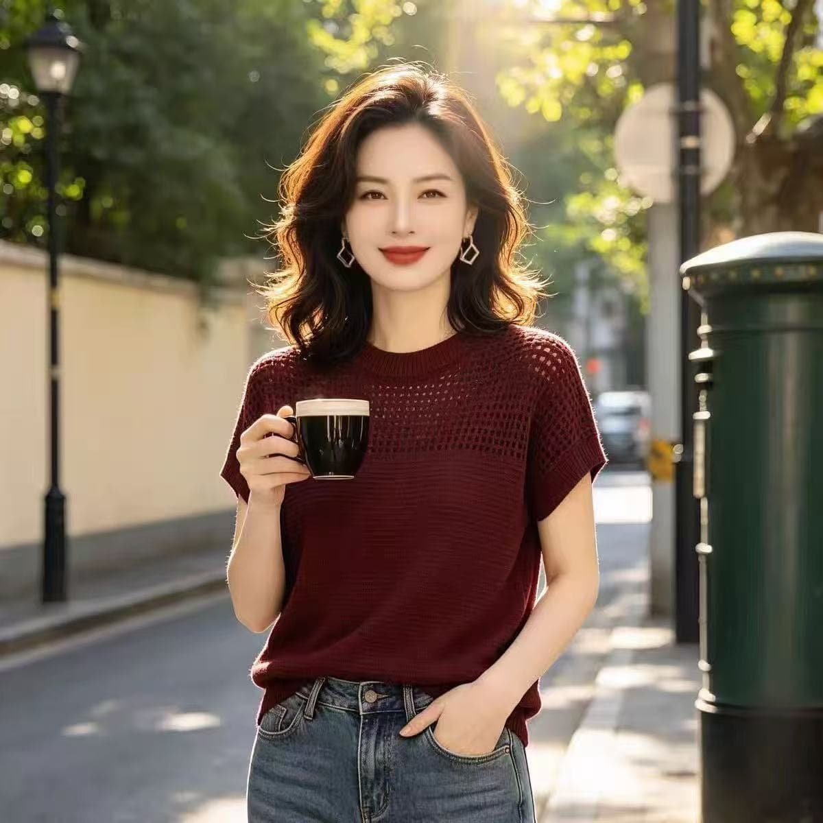 프랑스식 얇은 스타일 홀로우 아웃 반팔 주간 실크 니트 스웨터 라운드 넥 여름 새로운 몸매 가꾸기 외국 가스 패션 다용도 맨위 이미지 5