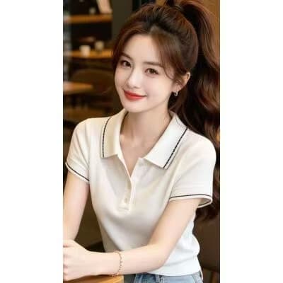 2026 여름 배색 POLO 칼라 반팔 니트 스웨터 여성 화이트 다용도 자이언트 슬림해 보이는 출퇴근 바람 디자인 센스 맨위 상세 이미지 1
