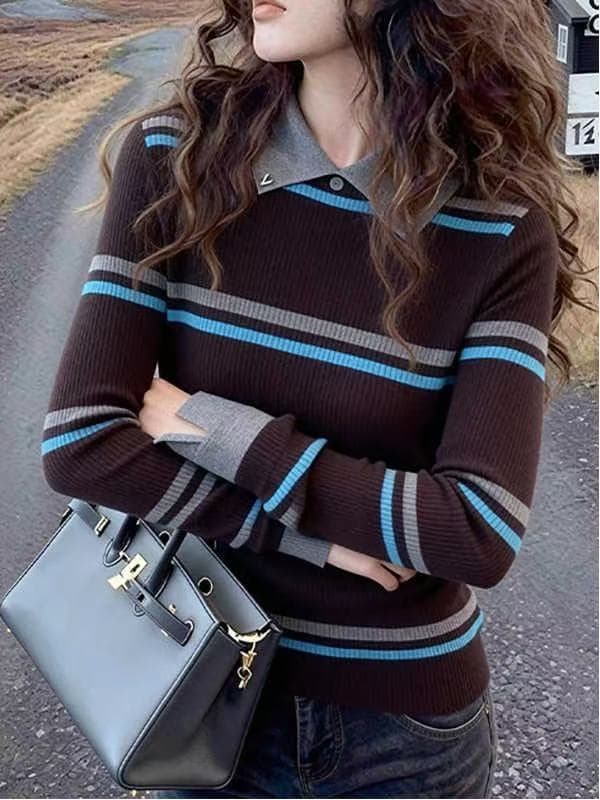 레트로 배색 스트라이프 POLO 칼라 스웨터 기본 셔츠 여성 인사이드 가져 가라. 겨울 2026 새로운 수리 고급 센스 맨위 상세 이미지 3
