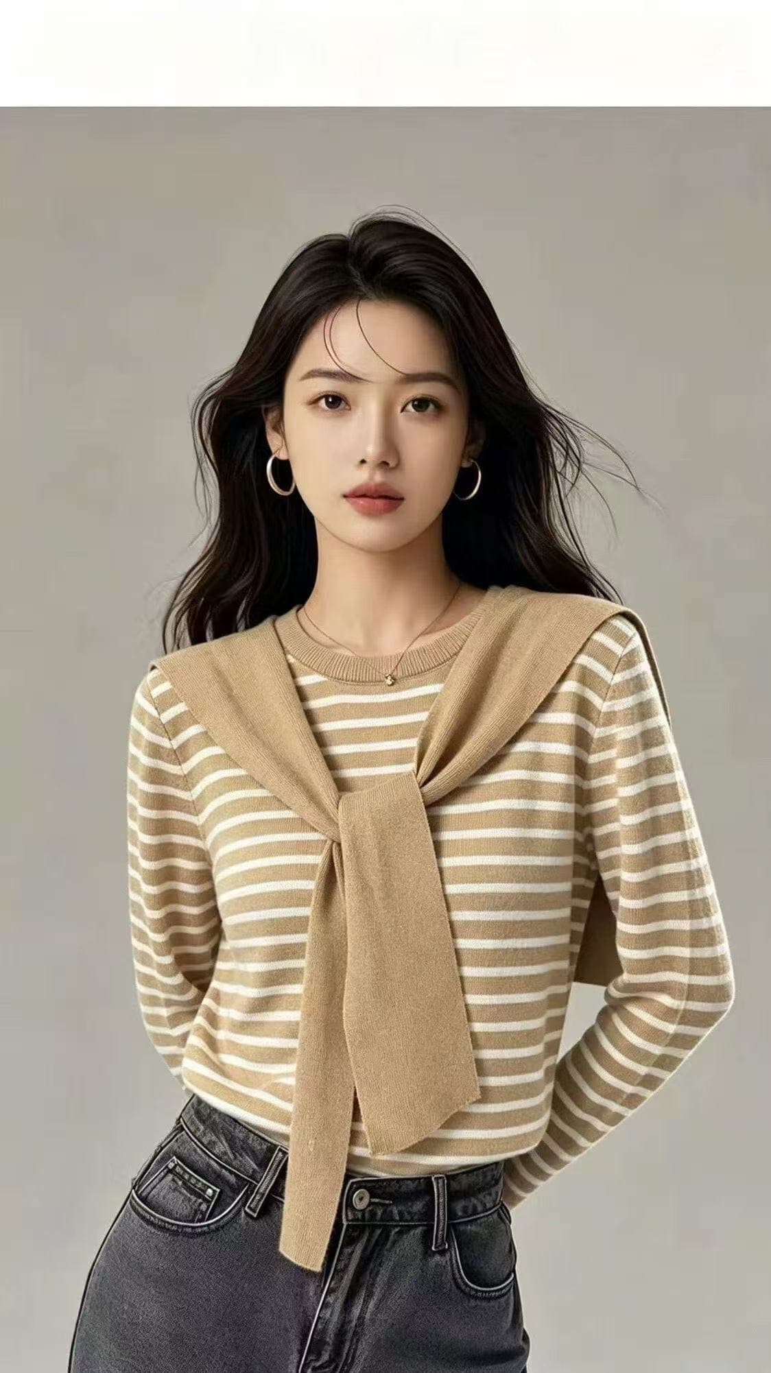 느긋한 바람 배색 스트라이프 니트 스웨터 숄 투피스 세트 스웨터 여자 가을 겨울 루즈핏 슬림해 보이는 캐주얼 기본 셔츠 이미지 3