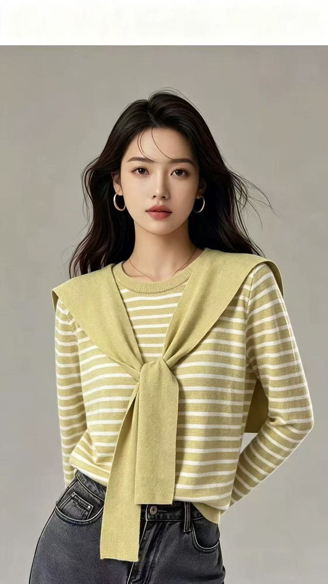 느긋한 바람 배색 스트라이프 니트 스웨터 숄 투피스 세트 스웨터 여자 가을 겨울 루즈핏 슬림해 보이는 캐주얼 기본 셔츠 이미지 4