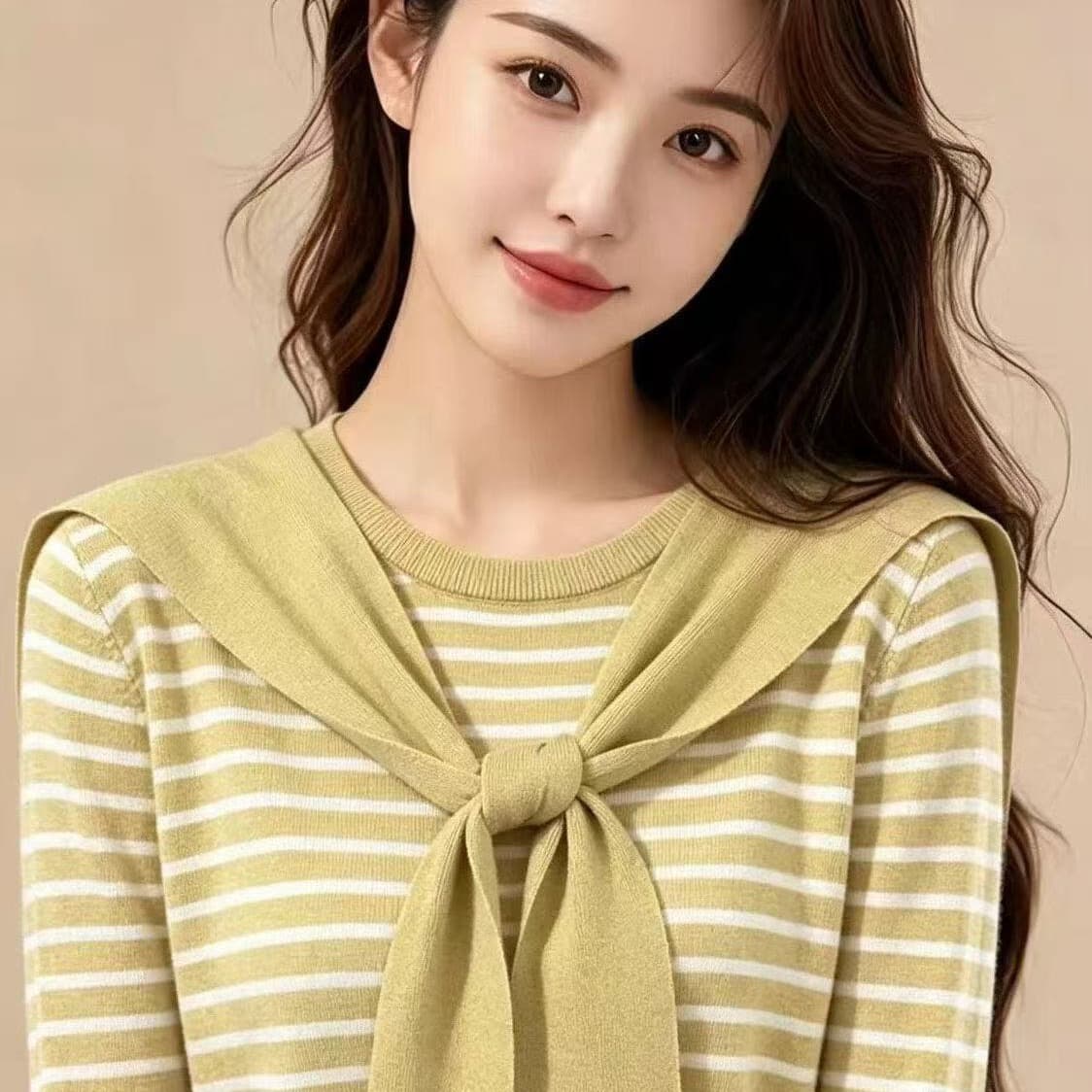 느긋한 바람 배색 스트라이프 니트 스웨터 숄 투피스 세트 스웨터 여자 가을 겨울 루즈핏 슬림해 보이는 캐주얼 기본 셔츠 이미지 5