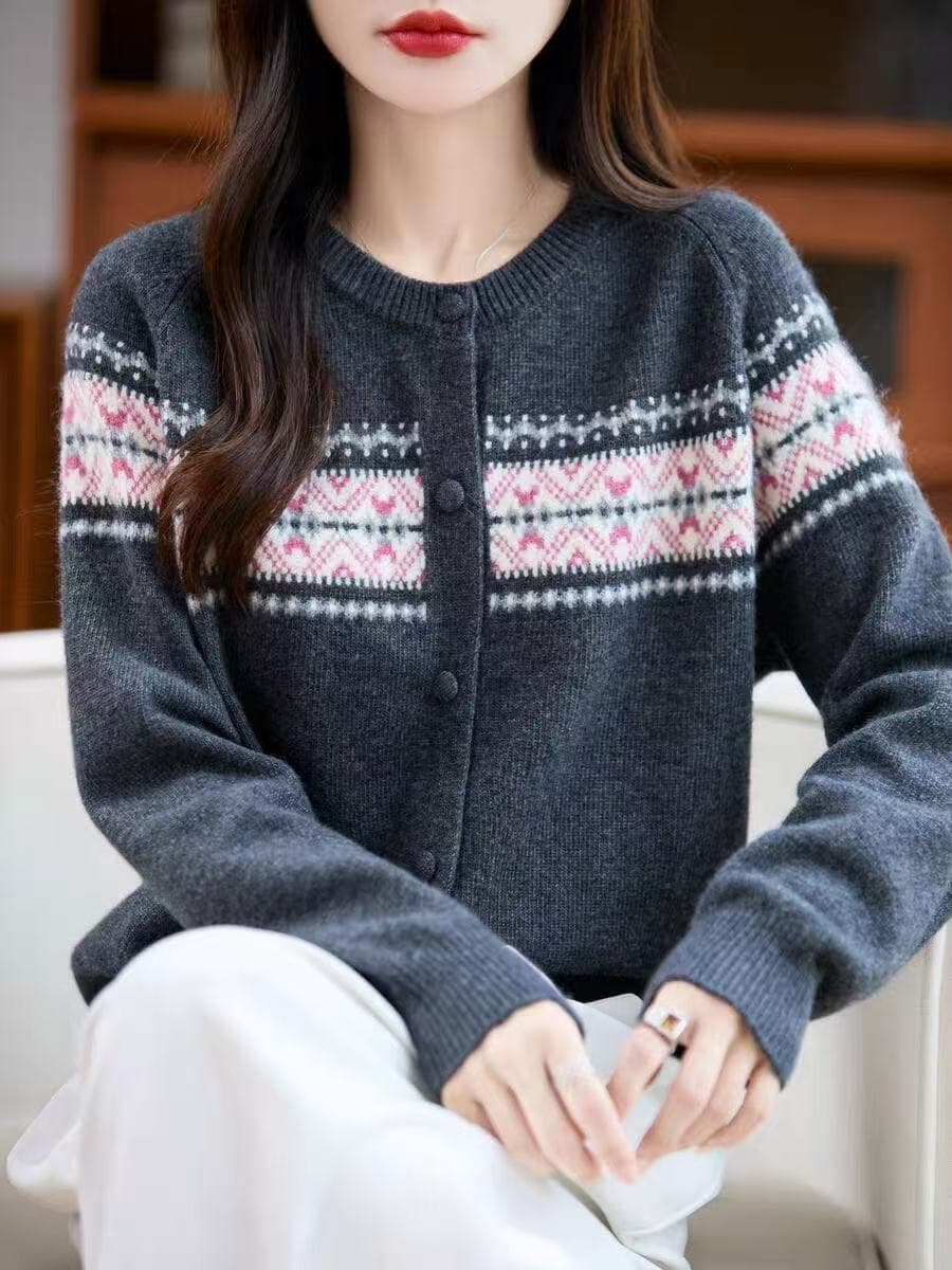 레트로 배색 니트 오픈 가디건 여성 자카드 라운드 넥 캐주얼 재킷 2026 가을 루즈핏 빅 사이즈 부드러운 찹쌀 스웨터 다용도 이미지 2