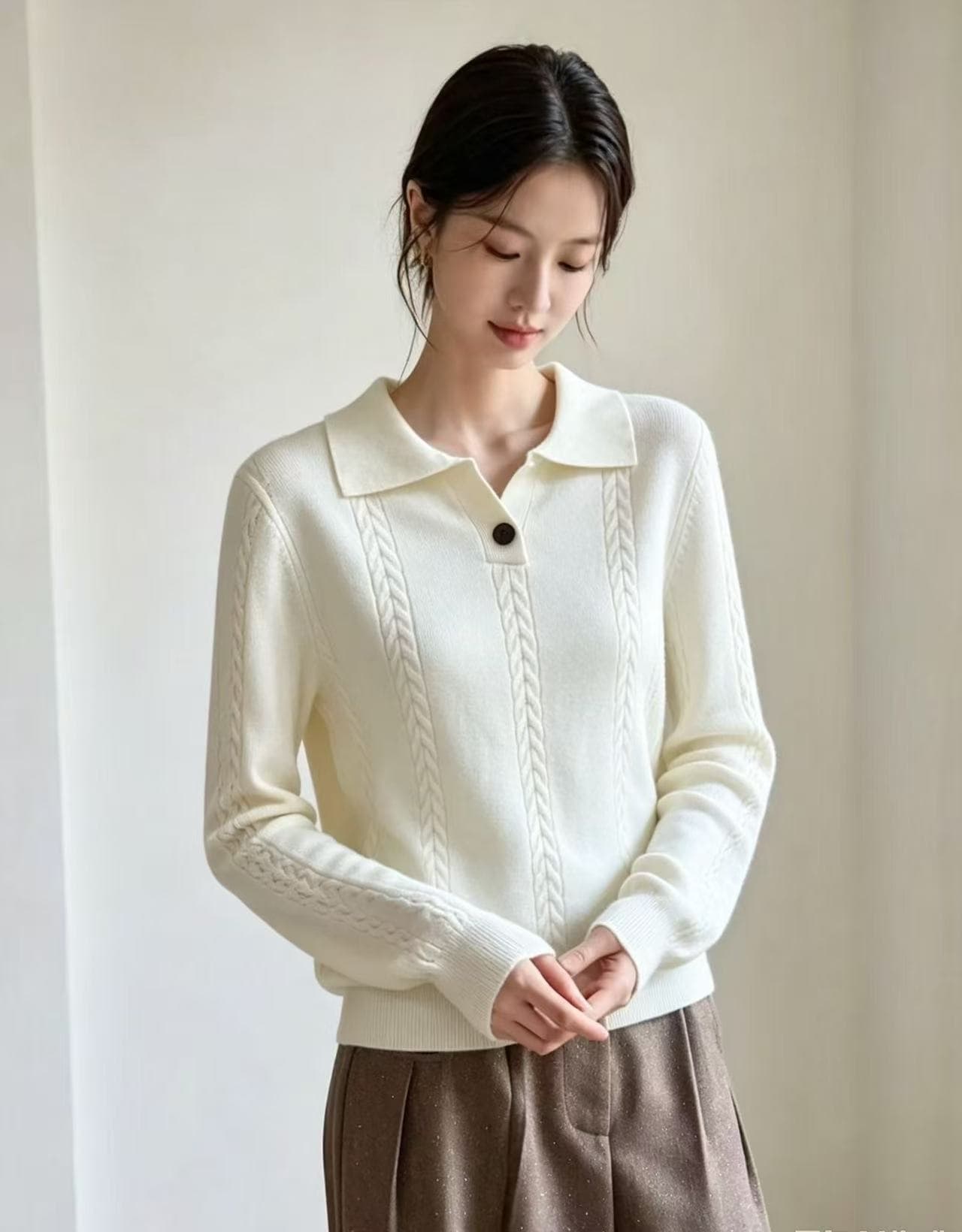 POLO 칼라 트위스트 꽃 니트 스웨터 긴팔 맨위 여성 가을 의상 2026 새로운 이른 가을 폴로 칼라 예쁜 스웨터 이미지 4