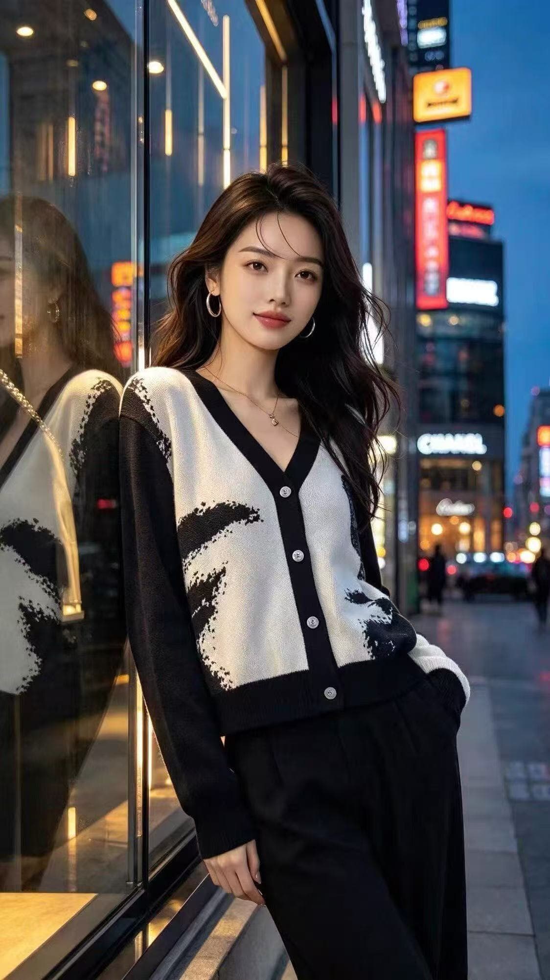 레트로 느긋한 바람 자카드 니트 오픈 가디건 여성 가을 겨울 새로운 V넥 긴팔 여성 코트 루즈핏 캐주얼 맨위 이미지 4