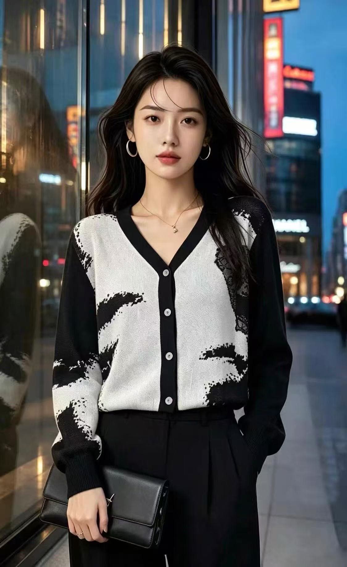 레트로 느긋한 바람 자카드 니트 오픈 가디건 여성 가을 겨울 새로운 V넥 긴팔 여성 코트 루즈핏 캐주얼 맨위 상세 이미지 3
