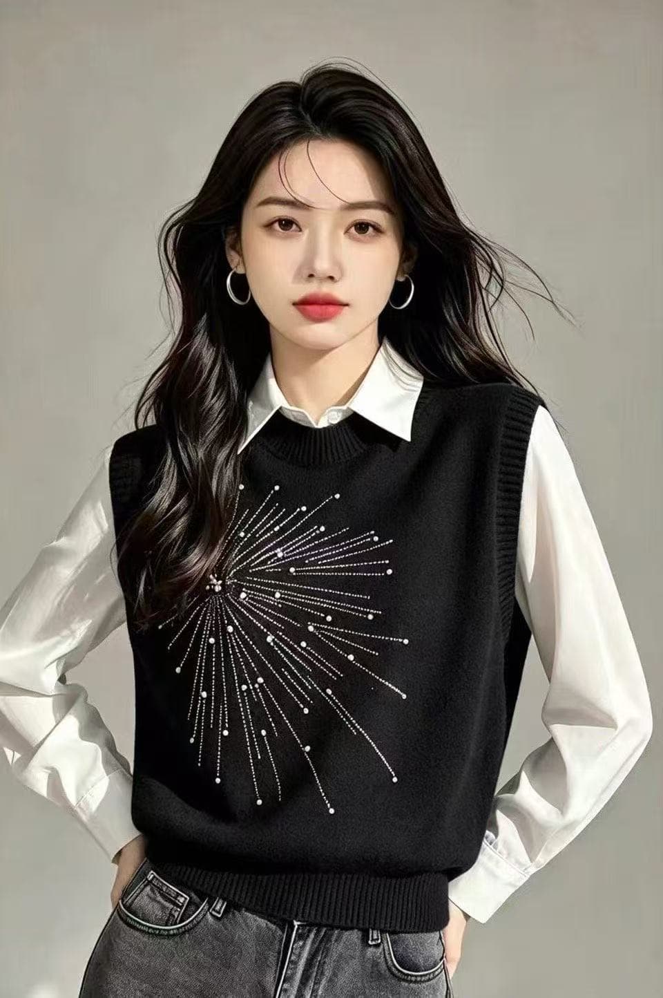 무거운 작업 비즈 박기 핫픽스 빨간색 니트 베스트 조끼 여성 가을 겨울 2026 새로운 고급 센스 스택 착용 민소매 스웨터 상세 이미지 1