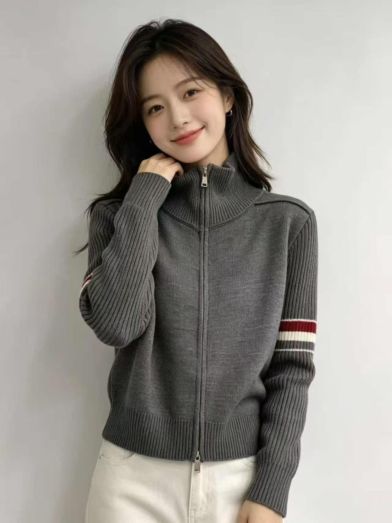 스탠드 칼라 더블 지퍼 가을 겨울 패션 폴로 칼라 패치워크 배색 니트 오픈 가디건 여성 스웨터 코트 맨위 부드러운 찹쌀 스트라이프 이미지 3