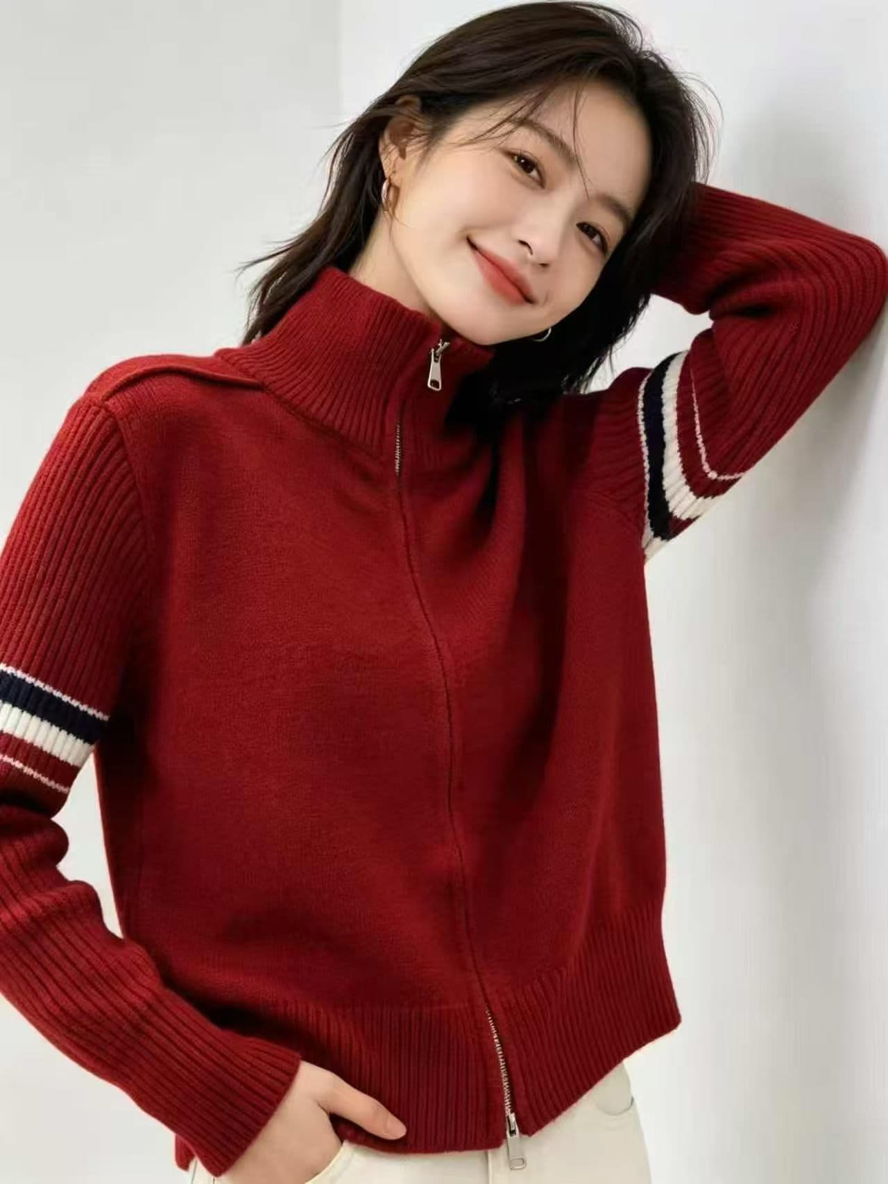 스탠드 칼라 더블 지퍼 가을 겨울 패션 폴로 칼라 패치워크 배색 니트 오픈 가디건 여성 스웨터 코트 맨위 부드러운 찹쌀 스트라이프 상세 이미지 4