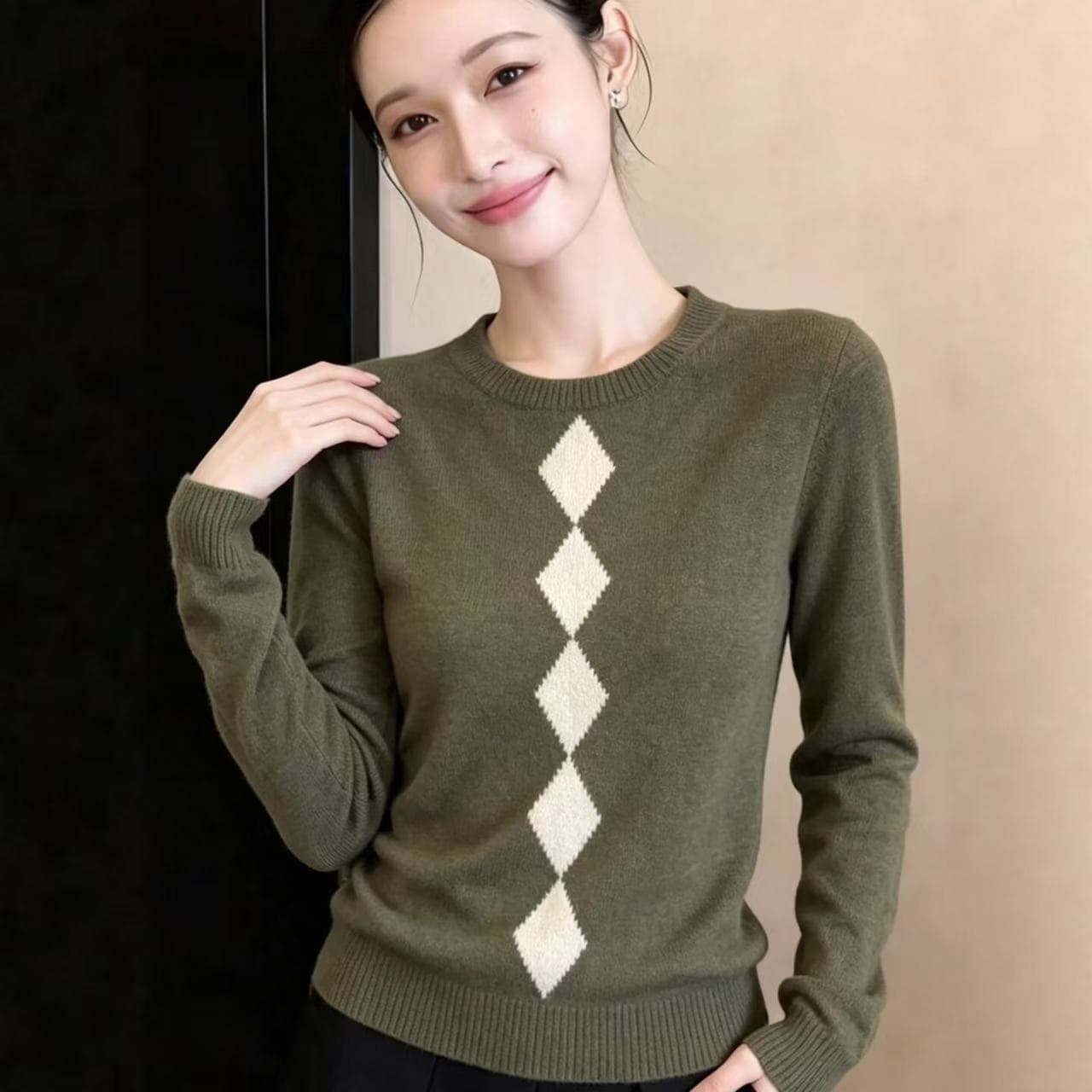 한 부서 레트로 링 그리드 자카드 니트 스웨터 스웨터 여자 가을 2026 새로운 레트로 라운드 넥 몸매 가꾸기 인사이드 잡아라. 의류 상세 이미지 4