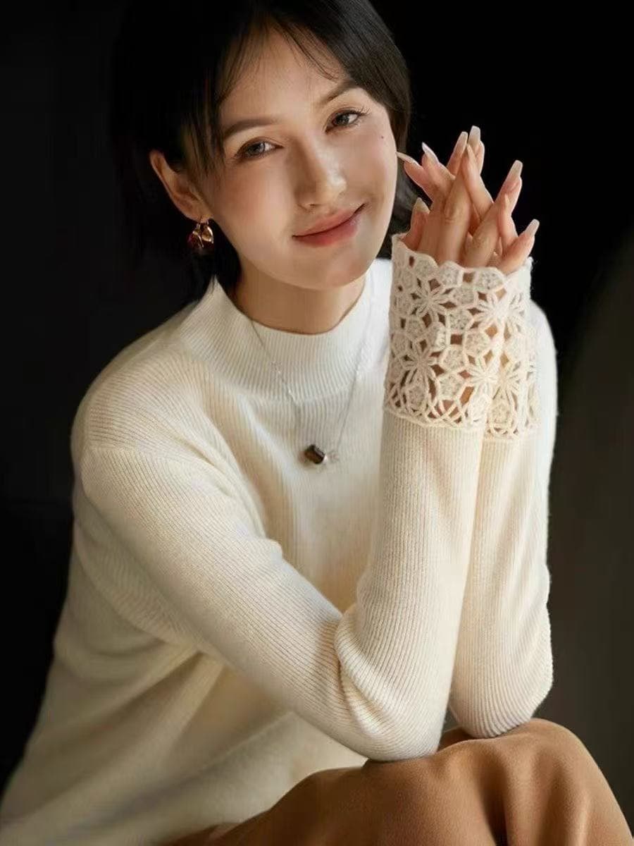 웃음 한 법원 い 프랑스식 향기로운 반하이넥 커프스 홀로우 아웃 이탈리아 공예 양모 양모 니트 상세 이미지 1