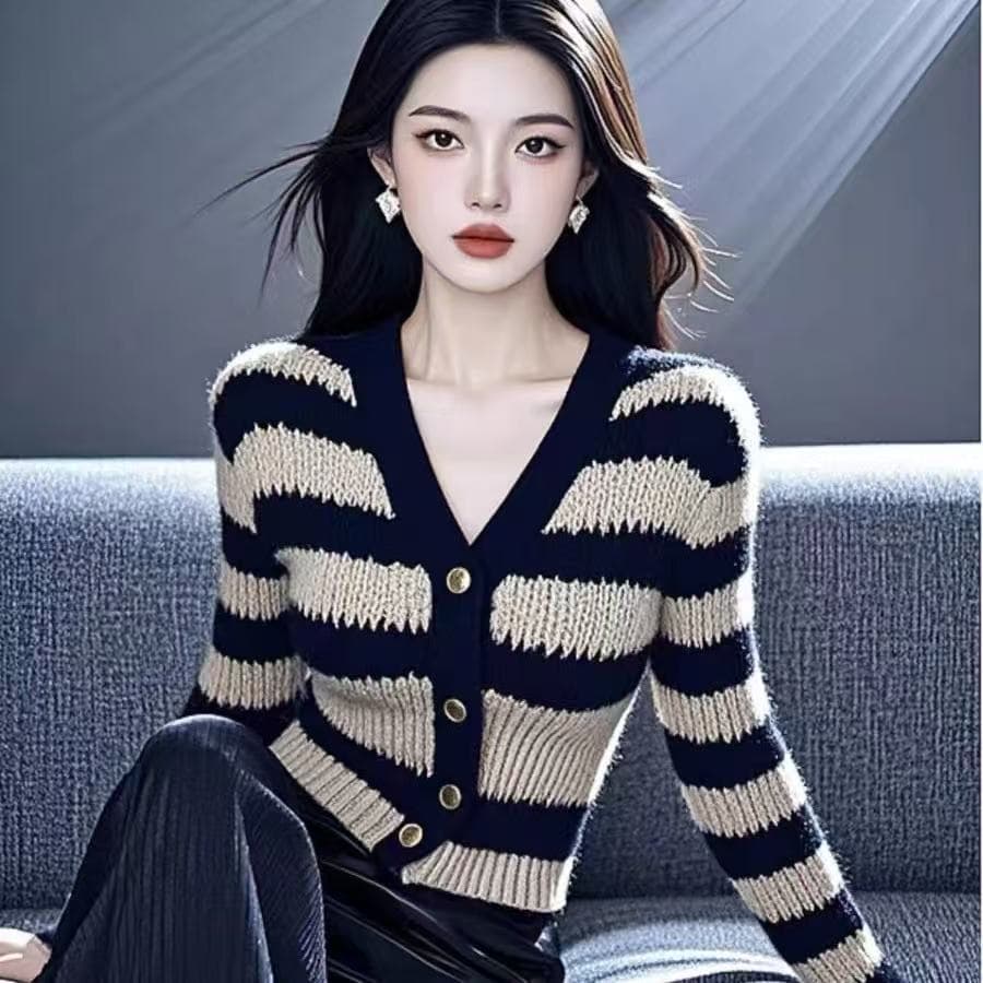 배색 V넥 스트라이프 외부 가져 가라. 긴팔 니트 오픈 가디건 여성 2026 가을 겨울철 새로운 작은 샤넬 스타일 고급 센스 맨위 상세 이미지 4