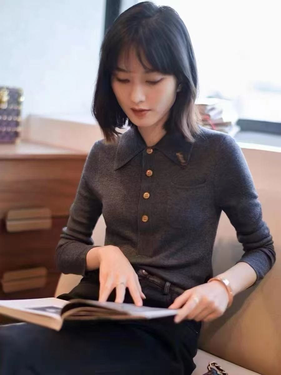2026 가을 겨울 만나는 여성 셔츠 POLO 칼라 회색 양모 몸매 가꾸기 슬림해 보이는 니트 스웨터 맨위 상세 이미지 1
