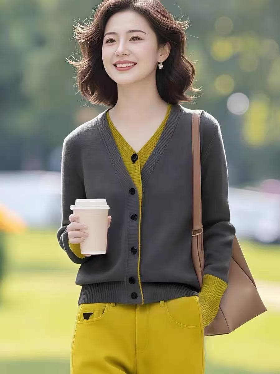 우아함 품격 배색 페이크 레이어드 니트 오픈 가디건 여성 가을 겨울 새로운 슬림해 보이는 V넥 스웨터 루즈핏 맨위 상세 이미지 4