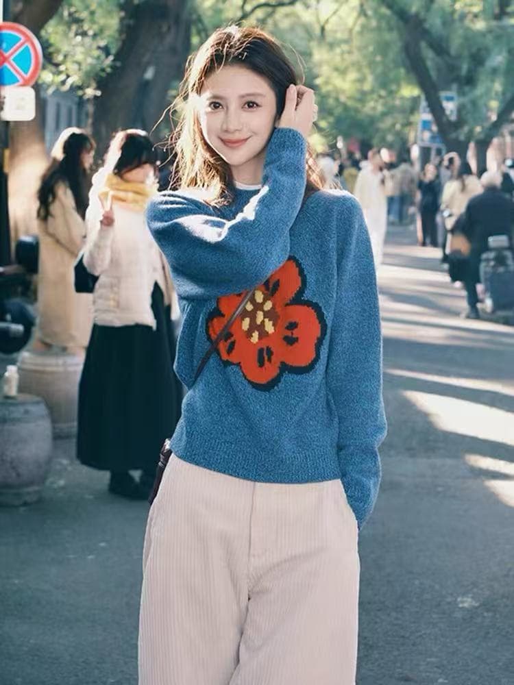 한 부서 도파민 꽃 디자인 센스 파란색 스웨터 여성 겨울 루즈핏 느긋한 고급 센스 부드러운 찹쌀 니트 스웨터 맨위 이미지 2