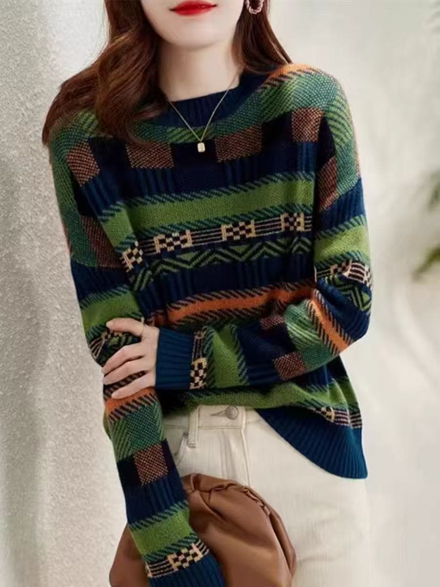 2026 년 가을 겨울 새로운 라운드 넥 녹색 루즈핏 스트라이프 양모 니트 스웨터 스웨터 여자 상세 이미지 6