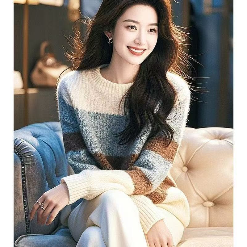 화이트 스트라이프 마 하이 울 스웨터 여성 의류 가을 겨울 2026 새로운 부드러운 찹쌀 달콤함 다용도 풀오버 니트 스웨터 맨위 이미지 5
