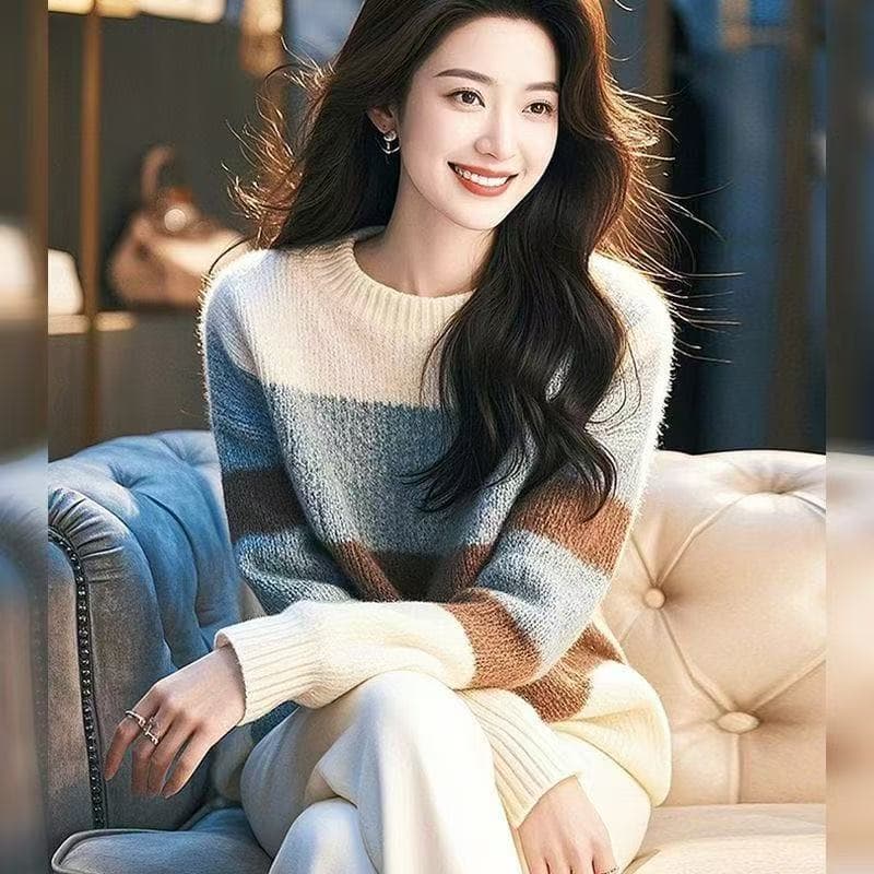 화이트 스트라이프 마 하이 울 스웨터 여성 의류 가을 겨울 2026 새로운 부드러운 찹쌀 달콤함 다용도 풀오버 니트 스웨터 맨위 상세 이미지 1