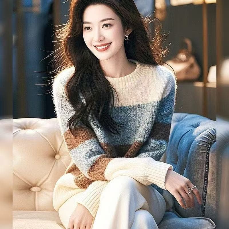 화이트 스트라이프 마 하이 울 스웨터 여성 의류 가을 겨울 2026 새로운 부드러운 찹쌀 달콤함 다용도 풀오버 니트 스웨터 맨위 상세 이미지 5