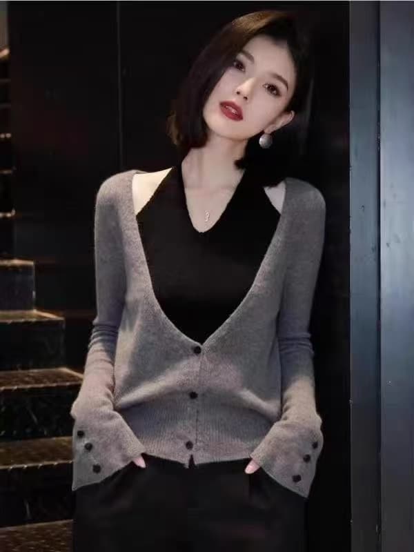 페이크 레이어드 행침 목 V넥 니트 스웨터 스웨터 여자 가을 빅 사이즈 지방 mm 고급 센스 품격 고유 한 아름다운 맨위 이미지 3