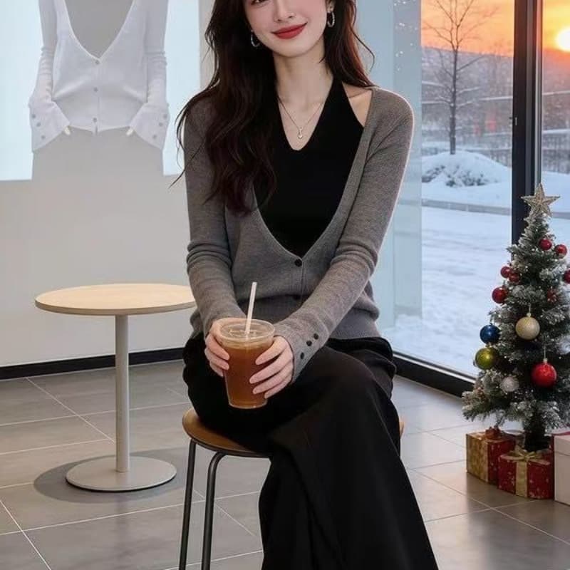 페이크 레이어드 행침 목 V넥 니트 스웨터 스웨터 여자 가을 빅 사이즈 지방 mm 고급 센스 품격 고유 한 아름다운 맨위 이미지 5