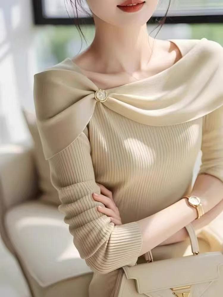 연 가치 우아함 책임을 져라. 낮음 미세 조정 플래시 한 단어 숄 나비 매듭 니트 기본 셔츠 여성 mlzy63154 이미지 3
