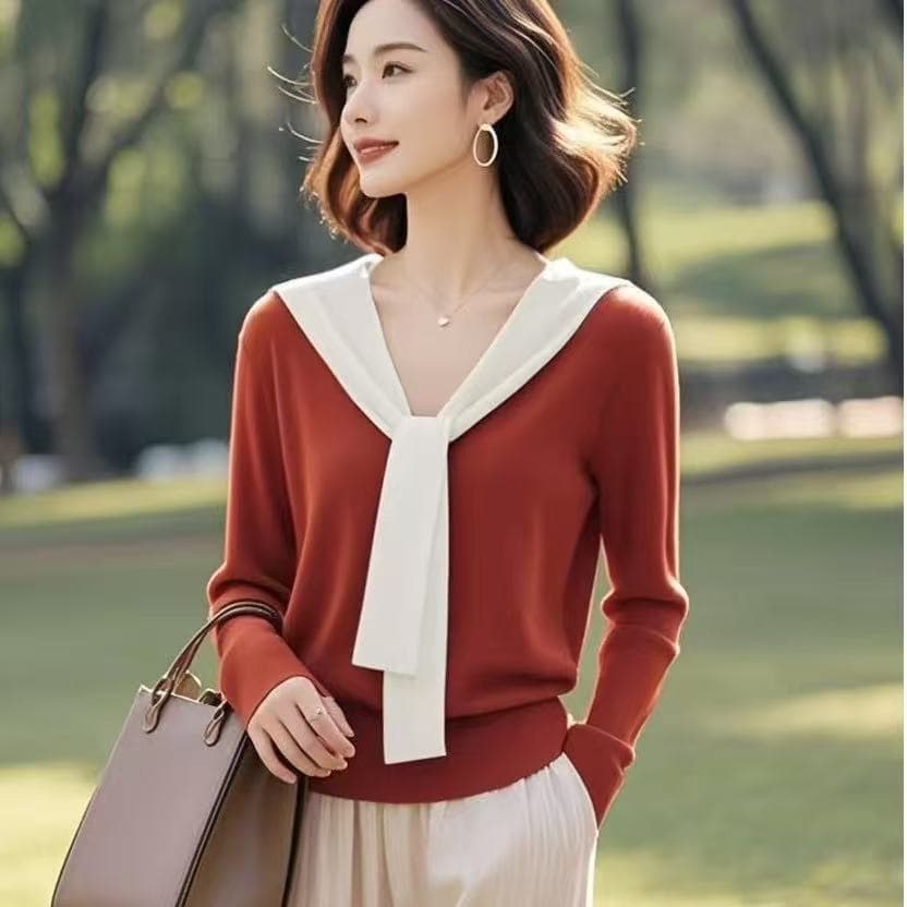 품격 숄 느긋한 센스 작은 대중 빨간색 스웨터 2026 여성 의류 배색 니트 스웨터 열린 봄 디자인 센스 맨위 이미지 3