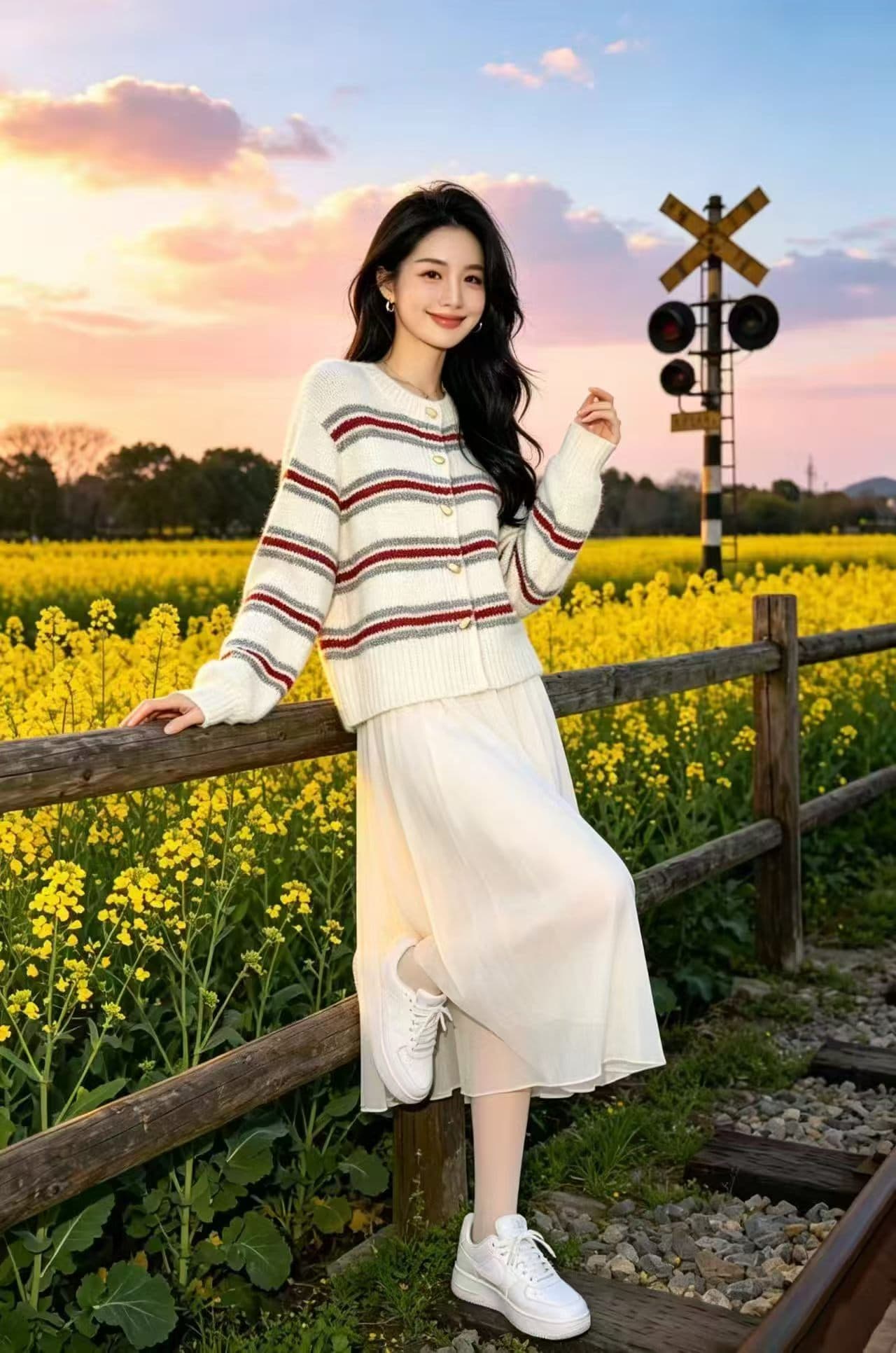 한 부서 레트로 스타일 배색 스트라이프 긴팔 니트 스웨터 여성 가을 소뿔 버클 오픈 가디건 느긋한 부드러운 찹쌀 스웨터 코트 상세 이미지 2