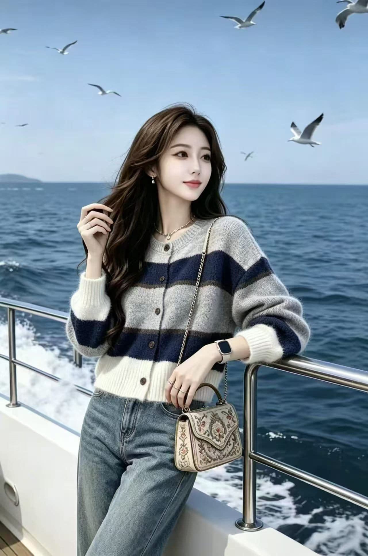디자인 센스 배색 스트라이프 스웨터 오픈 가디건 여성 가을 겨울 루즈핏 레트로 느긋한 바람 부드러운 찹쌀 작은 키 니트 재킷 상세 이미지 2