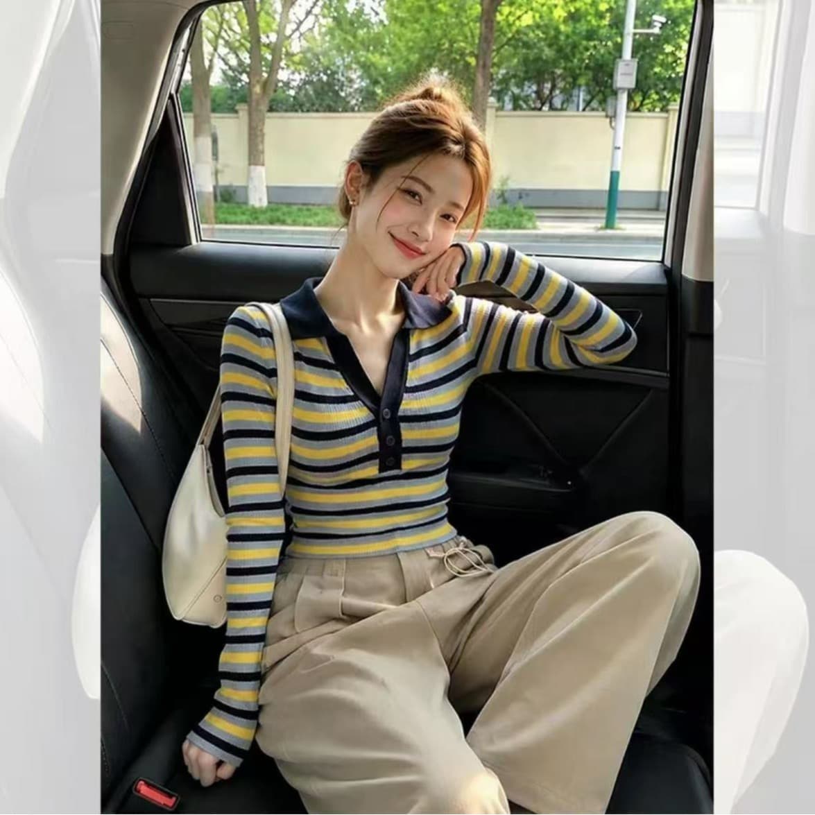 오래된 돈 바람 배색 스트라이프 털 니트 기본 셔츠 여성 인사이드 가져 가라. 가을 겨울 몸매 가꾸기 긴팔 긍정적 인 어깨 polo 폴로 칼라 맨위 이미지 5