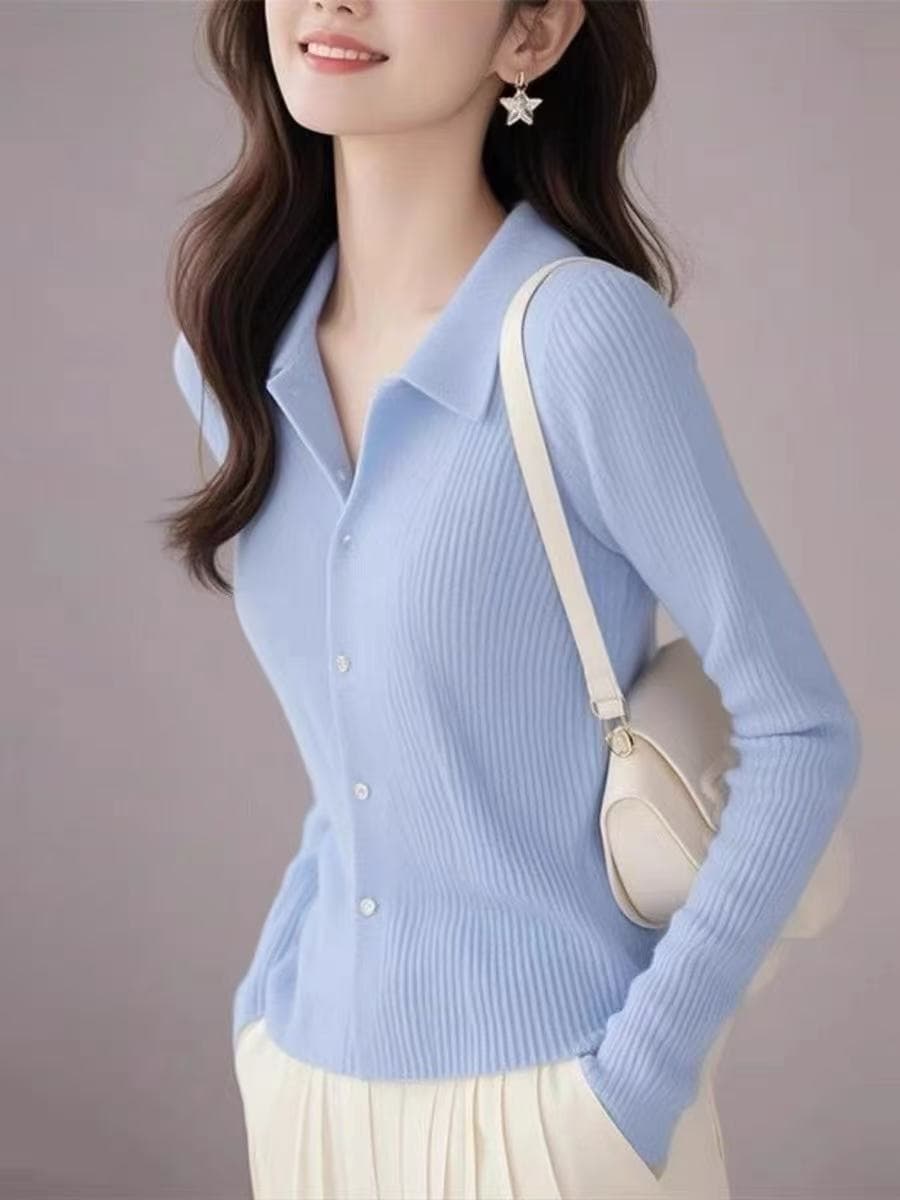 POLO 칼라 파란색 니트 오픈 가디건 고유 한 아름다운 맨위 여성 2025 새로운 폭발 패션 구덩이 기사 양모 스웨터 서비스