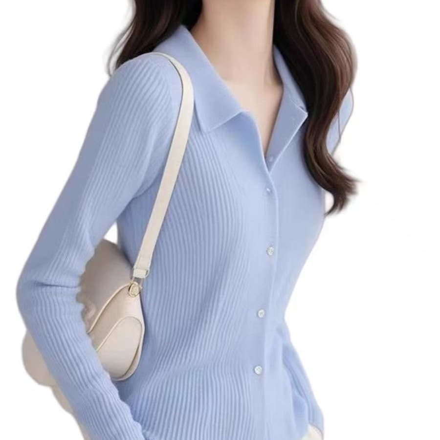 POLO 칼라 파란색 니트 오픈 가디건 고유 한 아름다운 맨위 여성 2025 새로운 폭발 패션 구덩이 기사 양모 스웨터 서비스 이미지 5