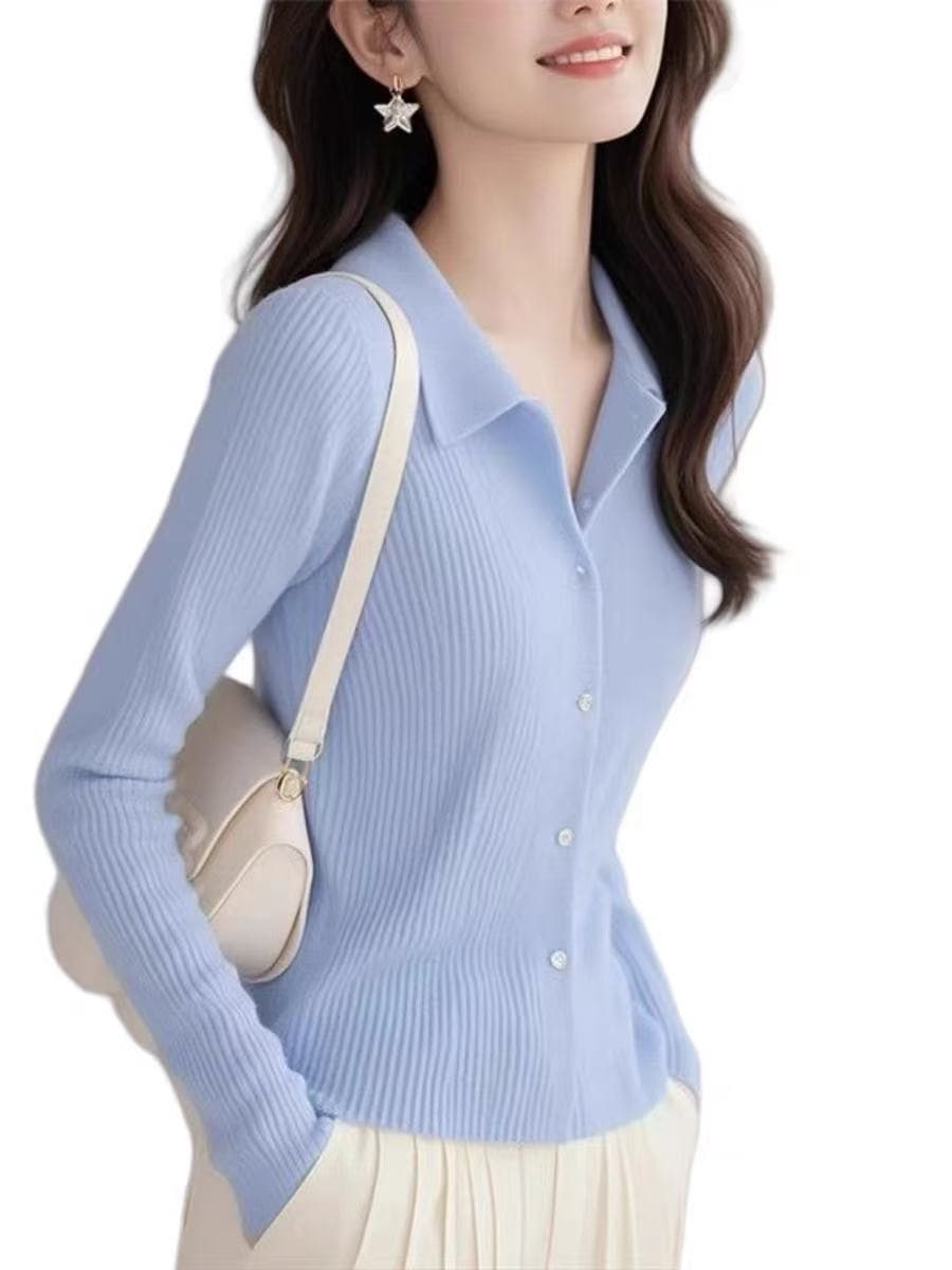 POLO 칼라 파란색 니트 오픈 가디건 고유 한 아름다운 맨위 여성 2025 새로운 폭발 패션 구덩이 기사 양모 스웨터 서비스 상세 이미지 4