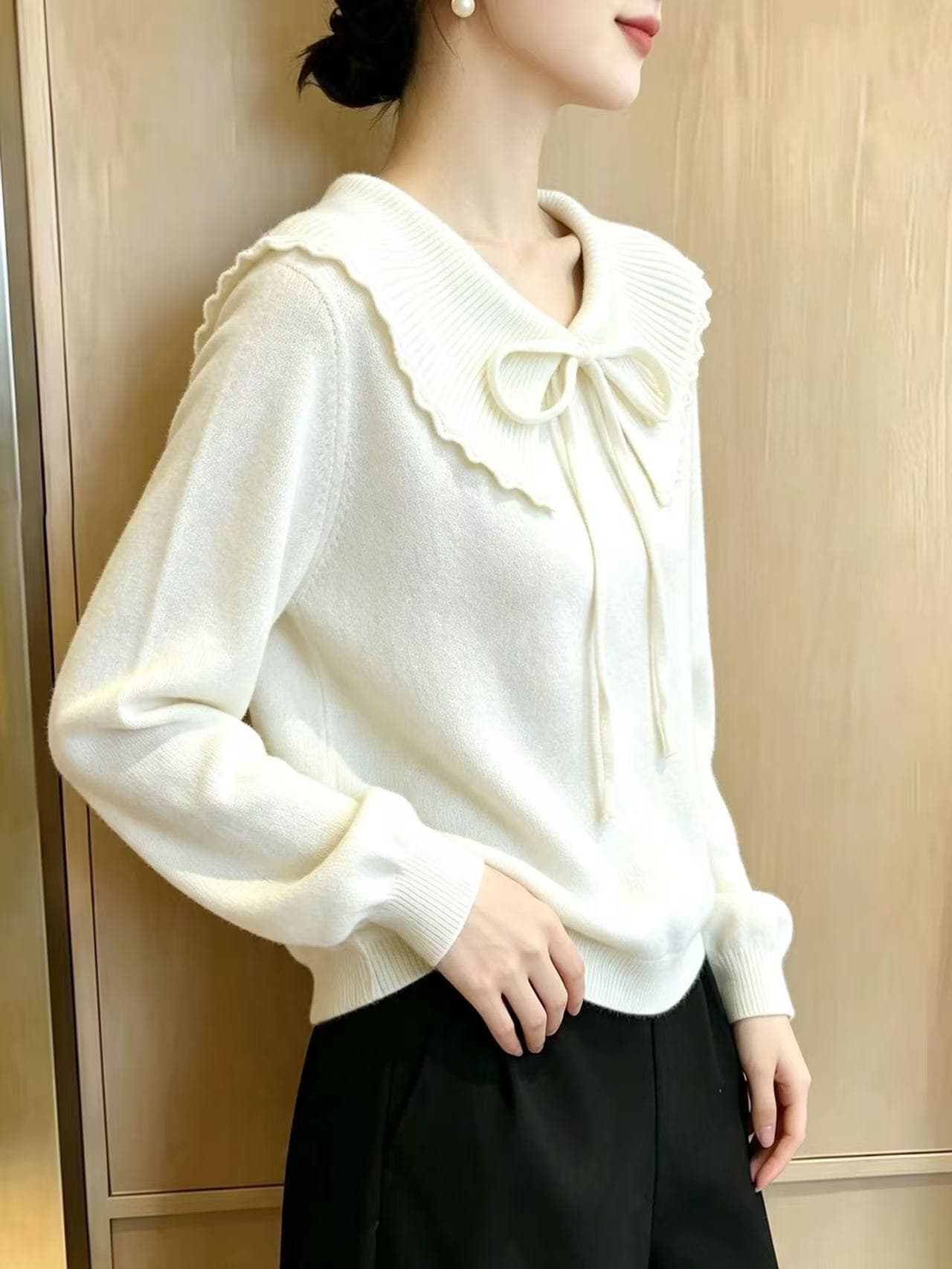 부드러운 바람 베이비 칼라 살구 색상 긴팔 니트 스웨터 여성 2026 이른 가을 새로운 레이스업 우아함 부드러운 찹쌀 달콤함 맨위 이미지 3