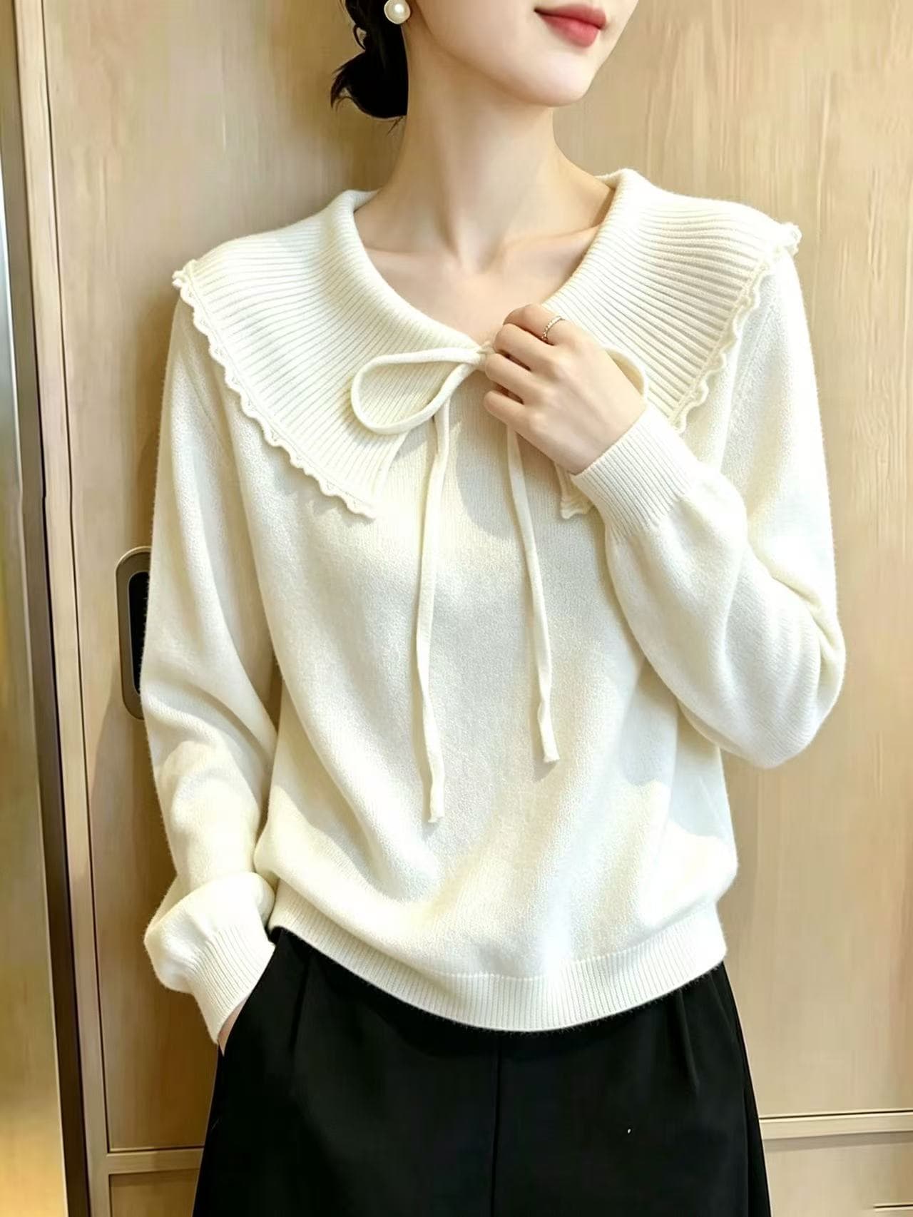 부드러운 바람 베이비 칼라 살구 색상 긴팔 니트 스웨터 여성 2026 이른 가을 새로운 레이스업 우아함 부드러운 찹쌀 달콤함 맨위 상세 이미지 2