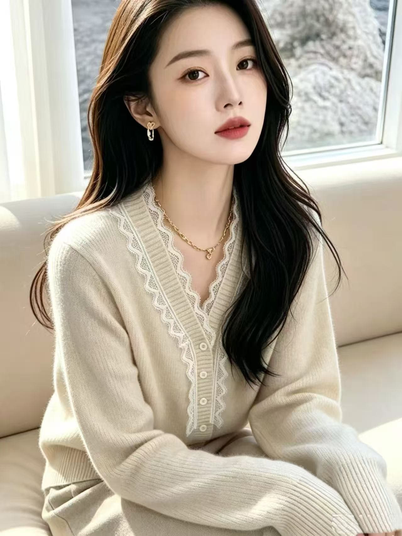 가을 겨울 새로운 프랑스식 낭만주의 바람 보라색 레이스 조각 V넥 니트 오픈 가디건 여성 부서 매듭 달콤함 연령 감소 맨위 상세 이미지 4