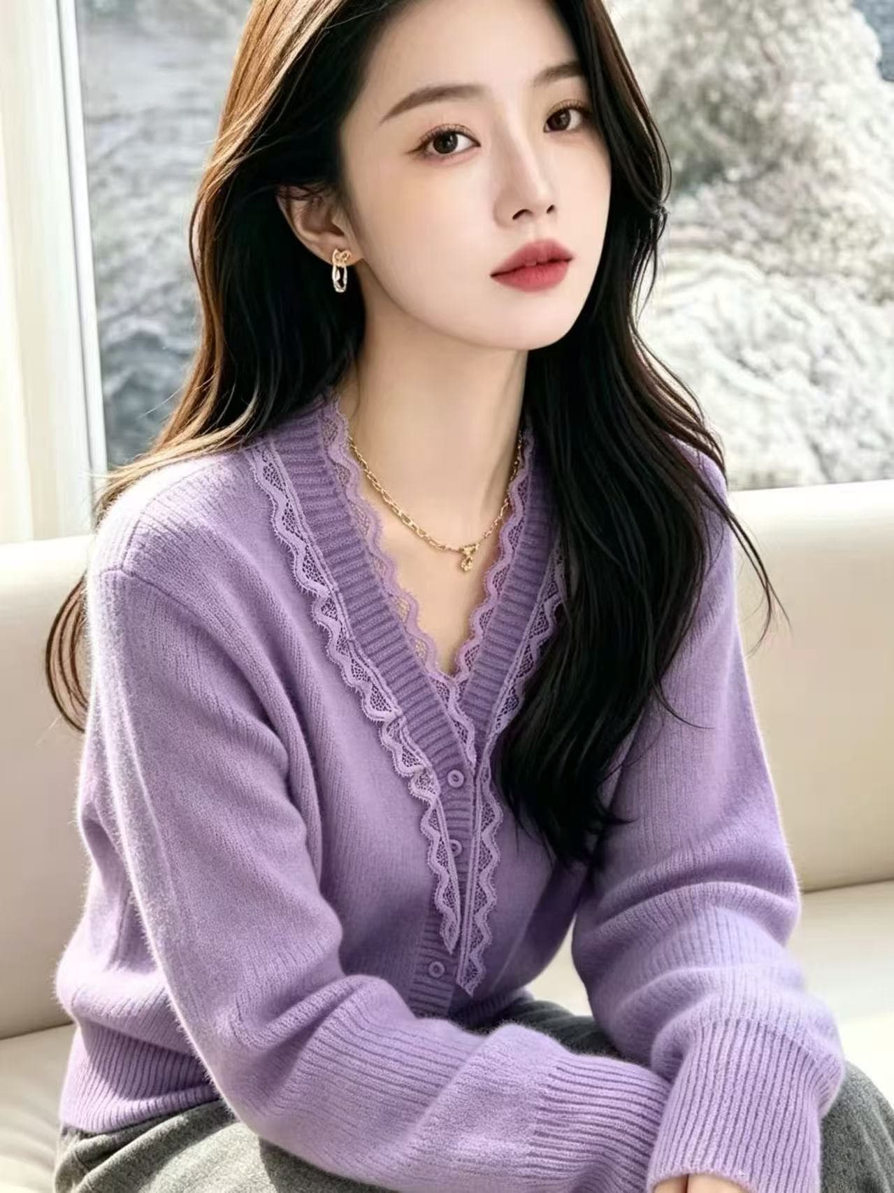 가을 겨울 새로운 프랑스식 낭만주의 바람 보라색 레이스 조각 V넥 니트 오픈 가디건 여성 부서 매듭 달콤함 연령 감소 맨위 상세 이미지 5