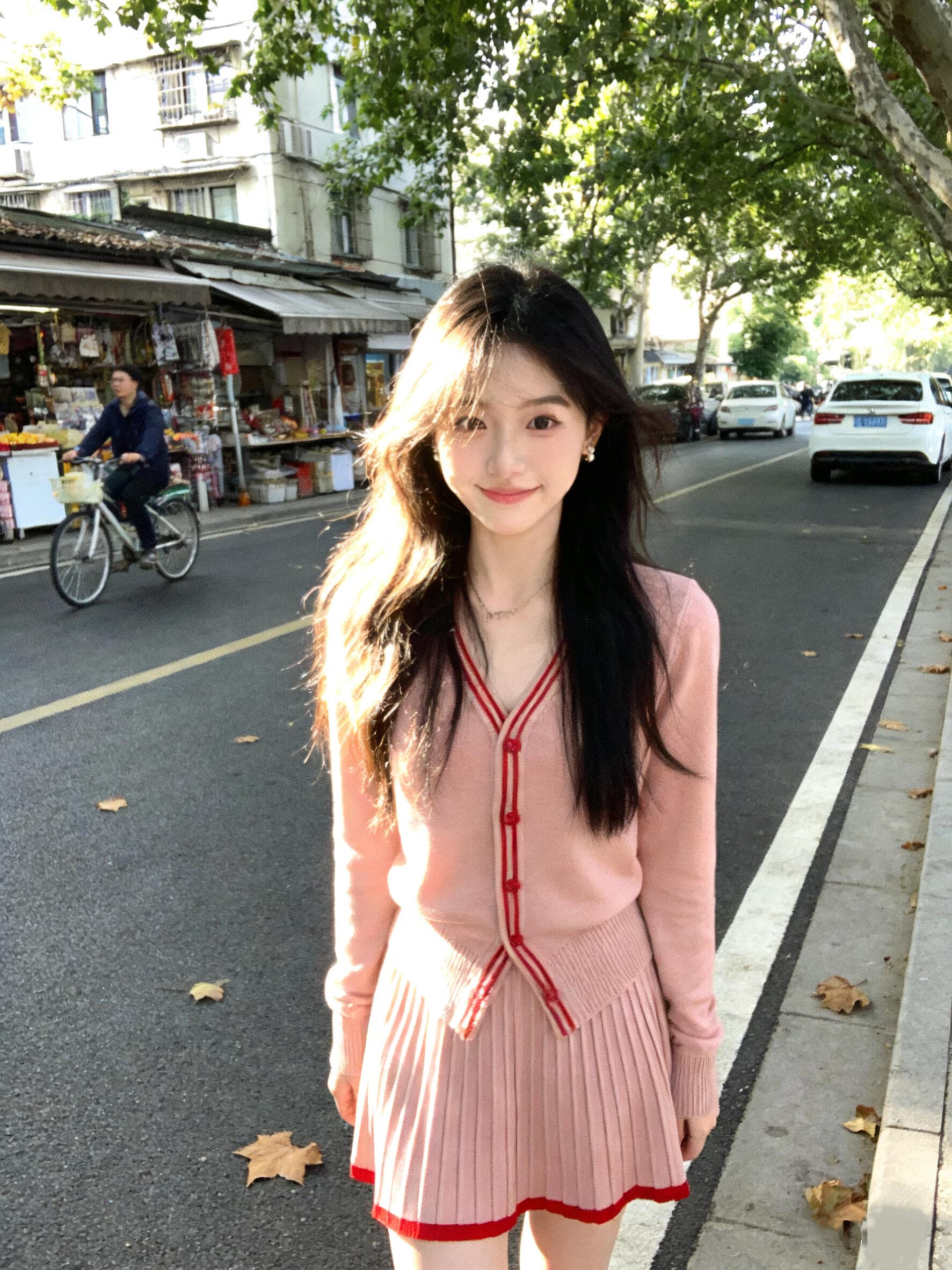있음 도착 학원 스타일 세트 여성 가을 겨울철 V넥 스웨터 오픈 가디건 하이웨이스트 니트 플리츠 반신 스커트 투피스 세트 상세 이미지 1