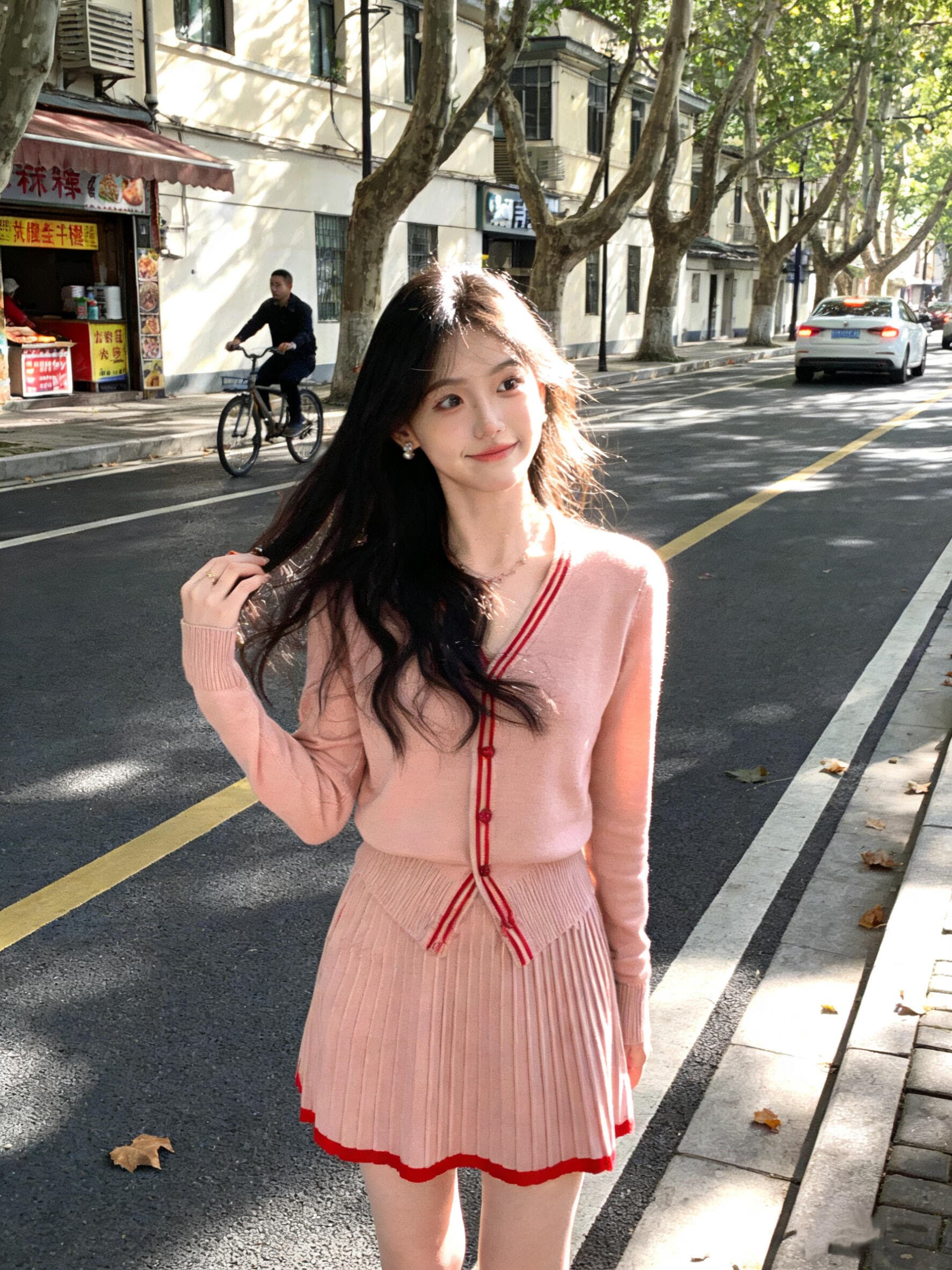 있음 도착 학원 스타일 세트 여성 가을 겨울철 V넥 스웨터 오픈 가디건 하이웨이스트 니트 플리츠 반신 스커트 투피스 세트 상세 이미지 3
