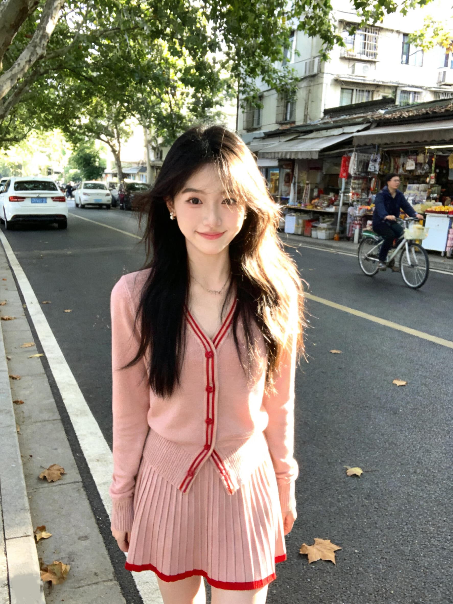 있음 도착 학원 스타일 세트 여성 가을 겨울철 V넥 스웨터 오픈 가디건 하이웨이스트 니트 플리츠 반신 스커트 투피스 세트 상세 이미지 4