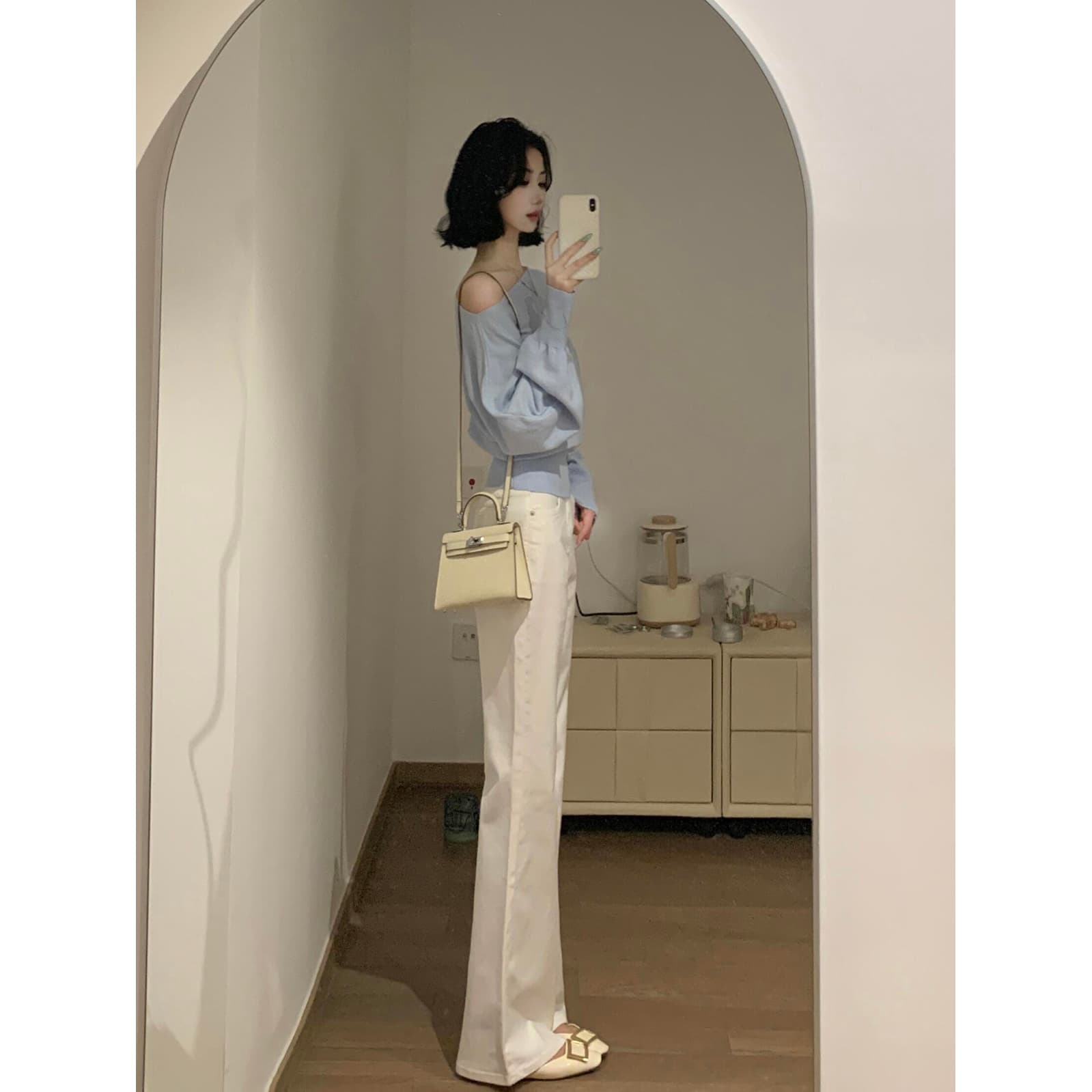 있음 도착 프랑스식 하늘색 오프숄더 니트 긴 소매 맨위 여성 봄 디자인 센스 외부 가져 가라. 얇은 스타일 상세 이미지 1