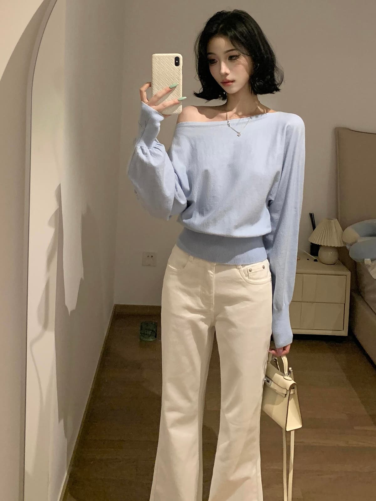있음 도착 프랑스식 하늘색 오프숄더 니트 긴 소매 맨위 여성 봄 디자인 센스 외부 가져 가라. 얇은 스타일 상세 이미지 2