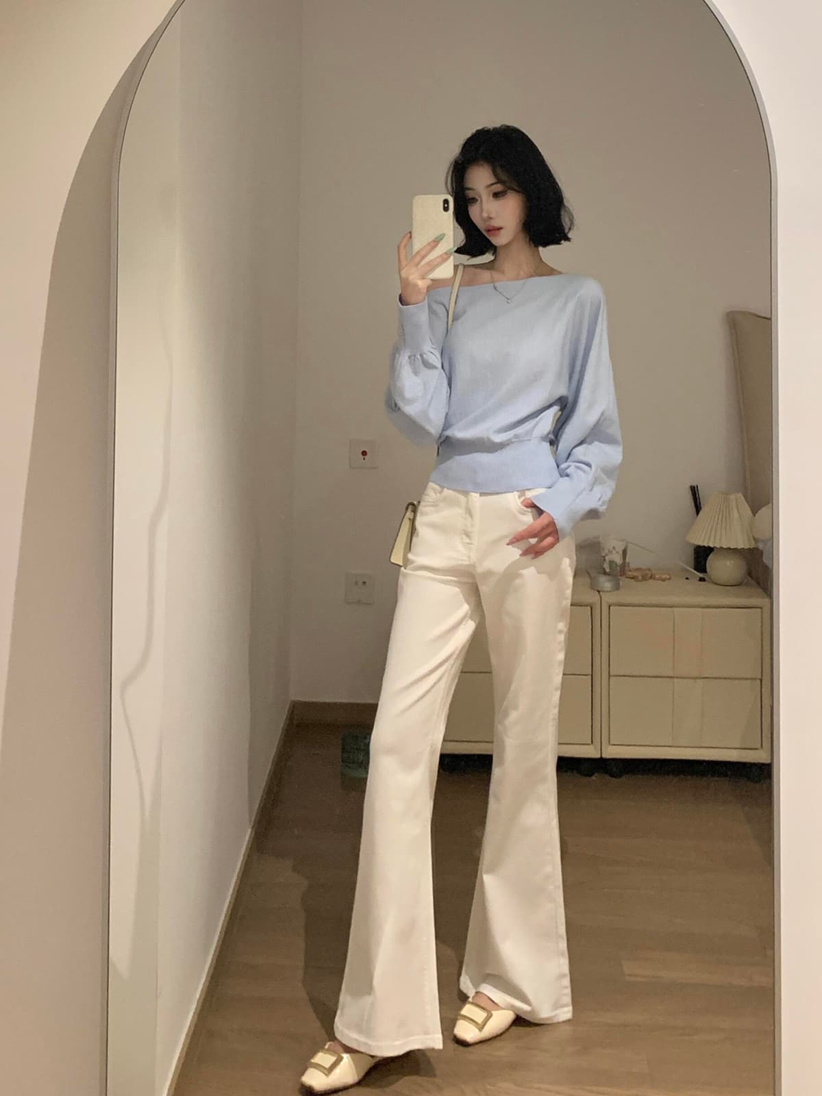 있음 도착 프랑스식 하늘색 오프숄더 니트 긴 소매 맨위 여성 봄 디자인 센스 외부 가져 가라. 얇은 스타일 상세 이미지 4