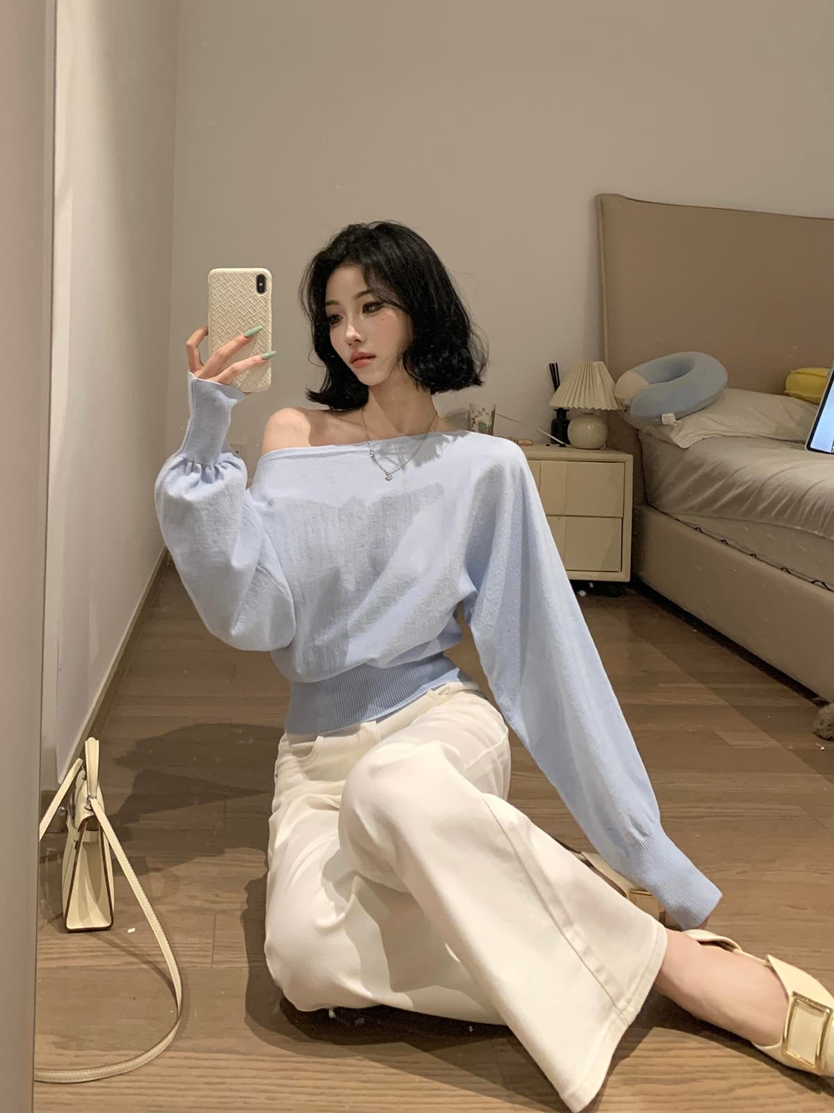 있음 도착 프랑스식 하늘색 오프숄더 니트 긴 소매 맨위 여성 봄 디자인 센스 외부 가져 가라. 얇은 스타일 상세 이미지 5